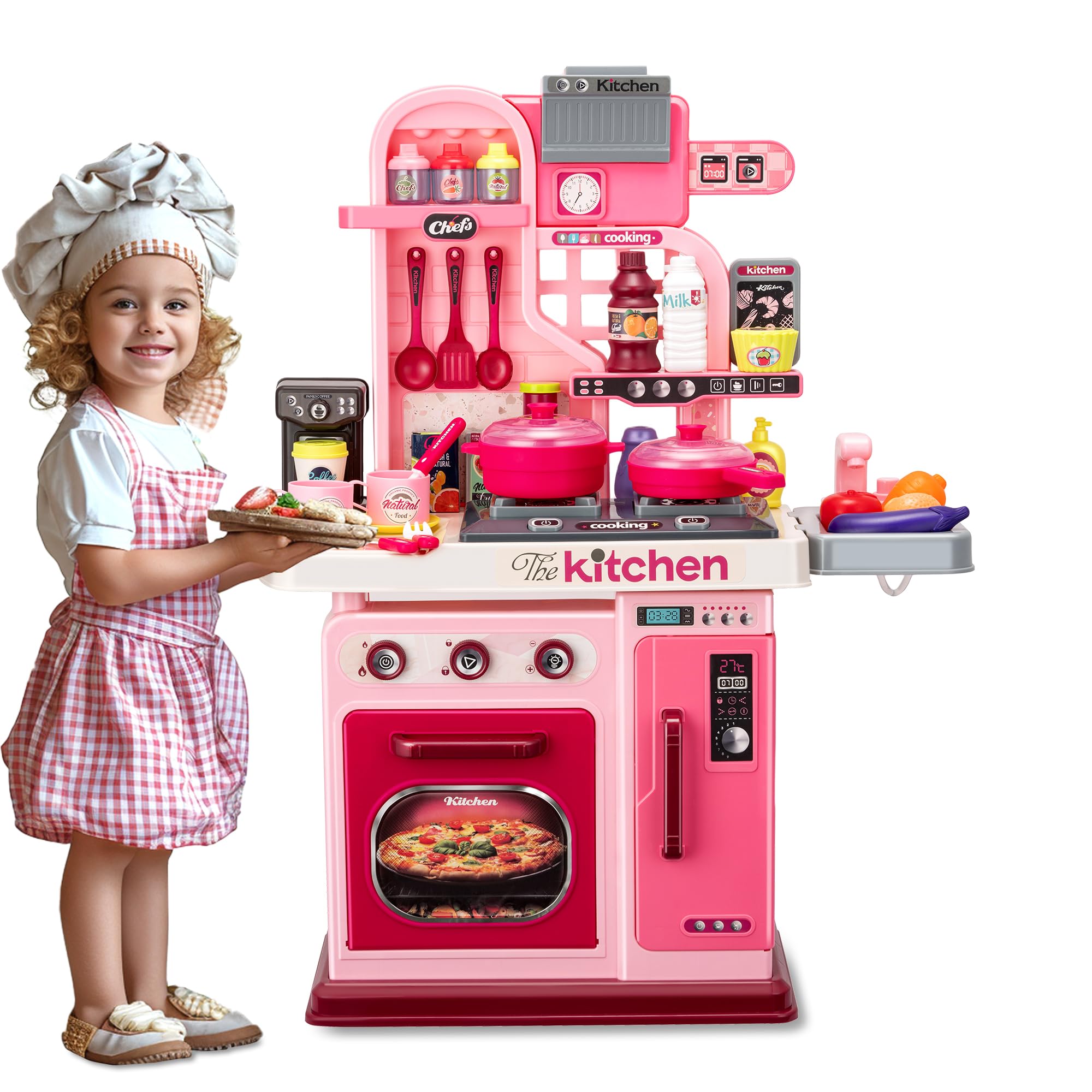 **53-Piece Kids Kitchen Playset with Stove, Sink & Oven - Realistic Lights & Sounds, Pretend Play Toys for Toddlers Ages 1-3 (Pink) - Perfect for Imaginative Role-Playing & Early Learning**