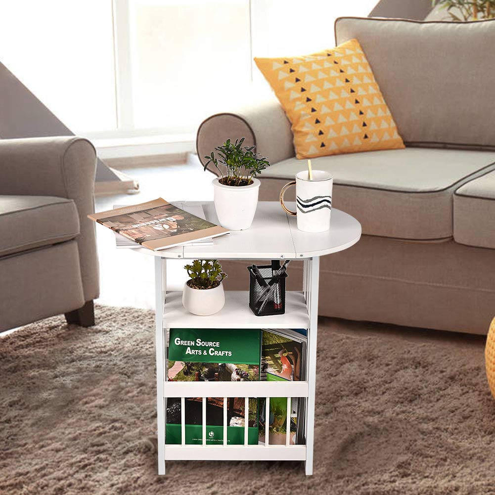 Foldable Wooden Side End Table with Magazine Rack - Multi-Functional Storage Accent Table & Rotating Top Nightstand for Living Room, Bedroom, Home Office (White) - Perfect for Small Spaces, Reading Nooks & Coffee Table Organization