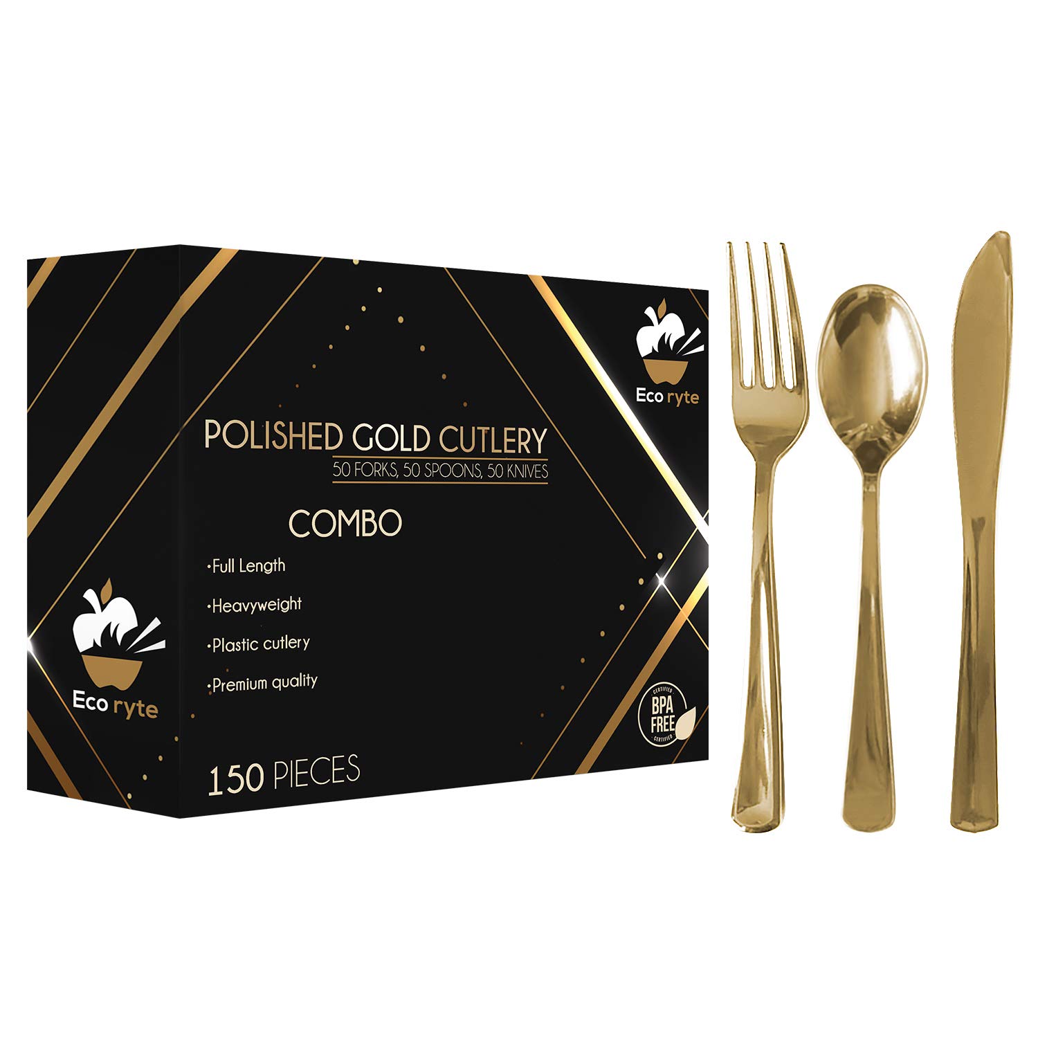 150-Piece Premium Heavy-Duty Gold Plastic Cutlery Set - 50 Forks, 50 Knives, 50 Spoons - BPA-Free Disposable & Reusable Gold Flatware for Parties, Weddings, Catering, Events - Elegant Dining for Home, Restaurant, Picnic & Outdoor Gatherings