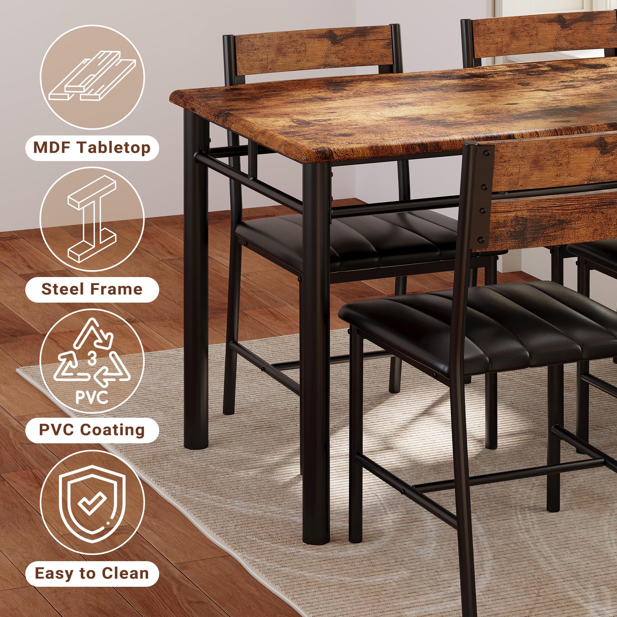 IRONCK 4-Piece Wooden Dining Table Set with Upholstered Chairs - Compact Kitchen & Dining Room Table for Small Spaces in Rustic Brown | Perfect for Apartments, Breakfast Nooks & Cozy Family Meals