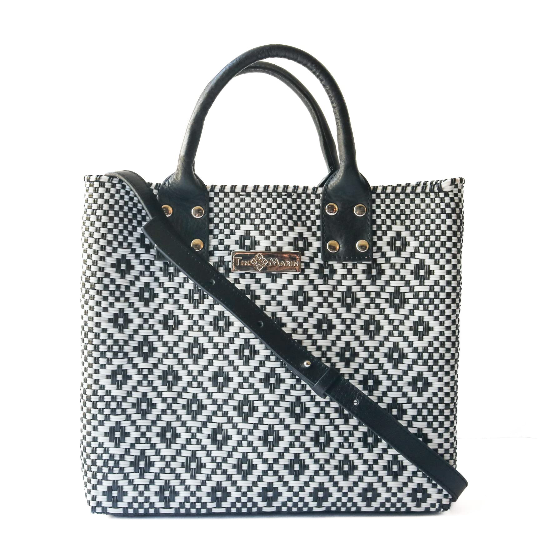Eco-Friendly Panda Large Woven Crossbody Bag - Black Leather Handles & Adjustable Strap, Handmade Recycled Plastic Purse | Mexican Oaxaca Style Tote for Women | Perfect for Summer, Work & Everyday Use | Casual Outings, Beach Trips & Office Commute