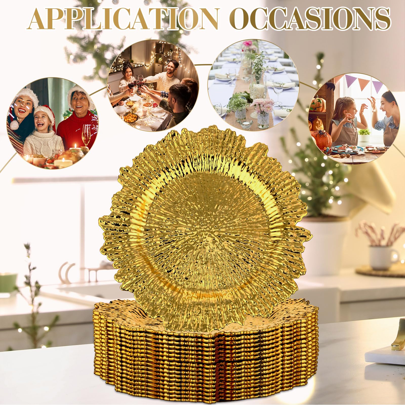32 Pack Gold Charger Plates Set - 13 Inch Floral Plastic Decorative Dinner Plates for Wedding, Party & Table Setting - Elegant Reef Chargers Serving Trays for Formal Dining & Special Occasions