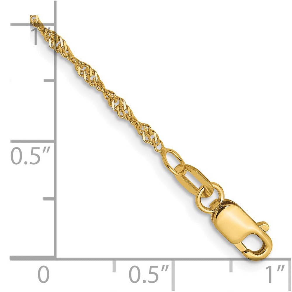 14K Yellow Gold Solid Singapore Chain Anklet - 1.3mm D/C Black Bow Charm - 9 Inch Adjustable Ankle Bracelet for Women, Perfect for Beach Vacations & Summer Fashion