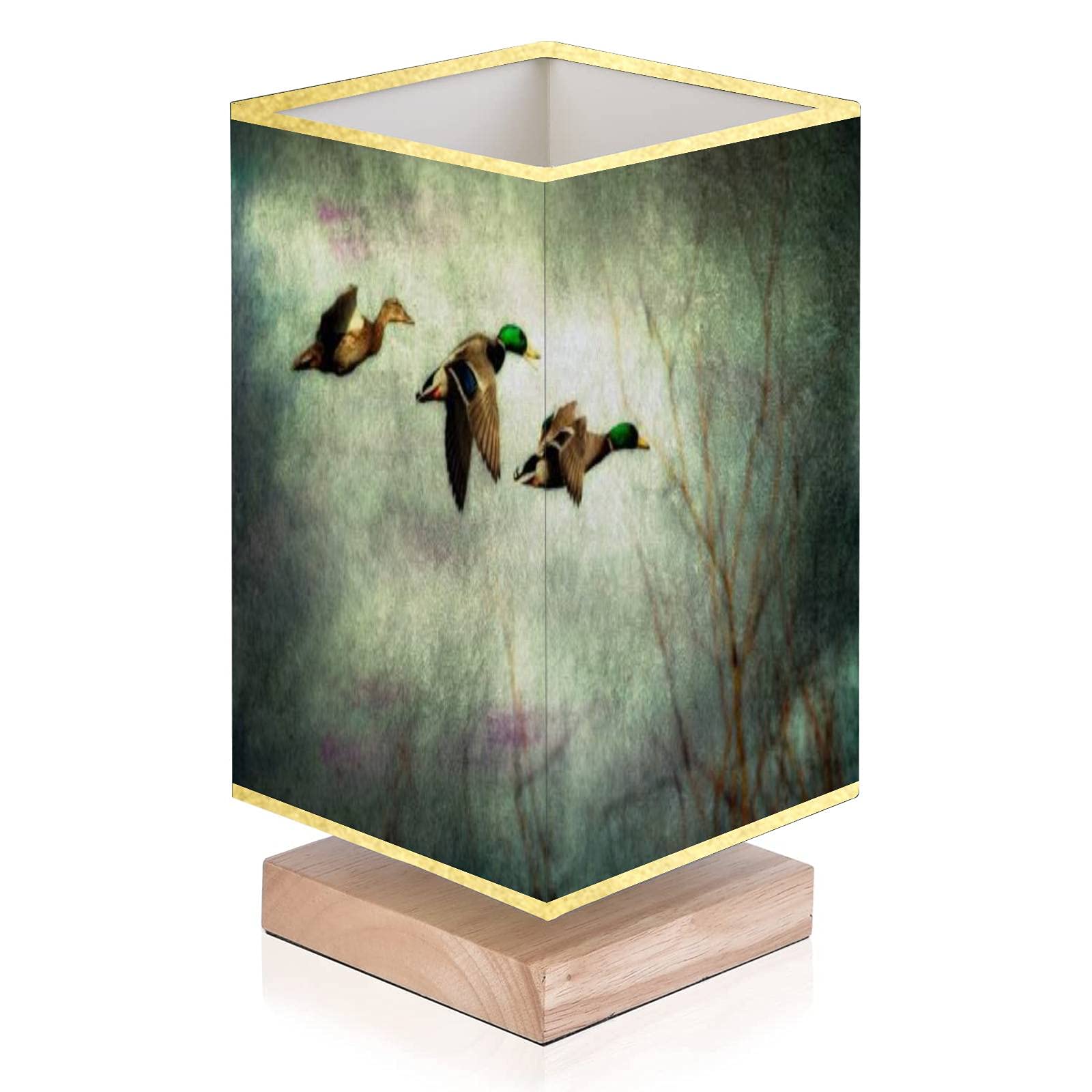 Modern Small Table Desk Lamp with Solid Wood Base & Flaxen Fabric Shade - Bedside Nightstand Lamp Featuring Flight of Mallard Ducks Design for Bedroom, Living Room, Office | Perfect Gift & Cozy Reading Light