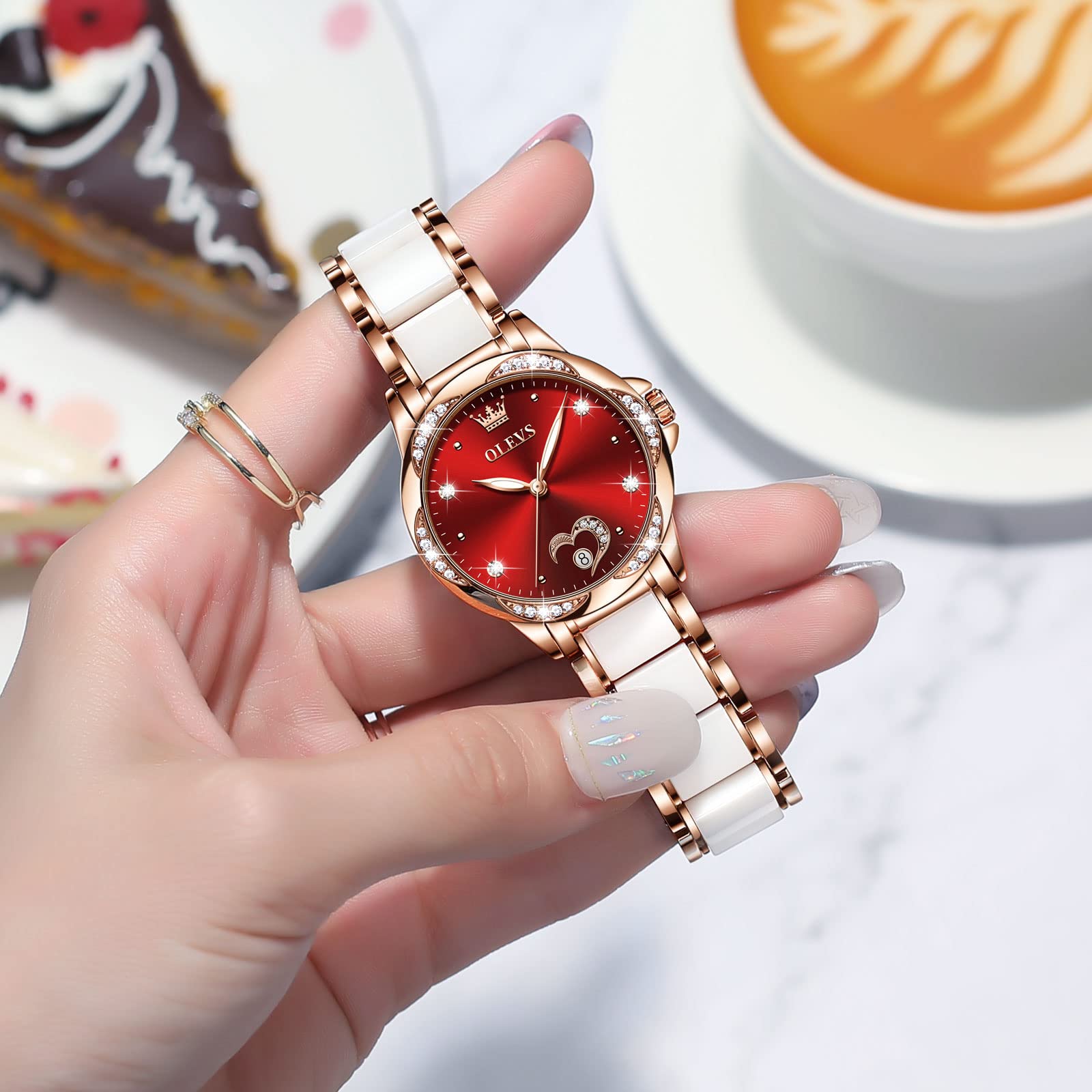 OLEVS Women's Luxury Diamond Automatic Self-Winding Watch - Elegant Stainless Steel & Ceramic Dress Watch with Luminous Hands, Waterproof for Daily Wear - Perfect for Business, Evening Events & Special Occasions