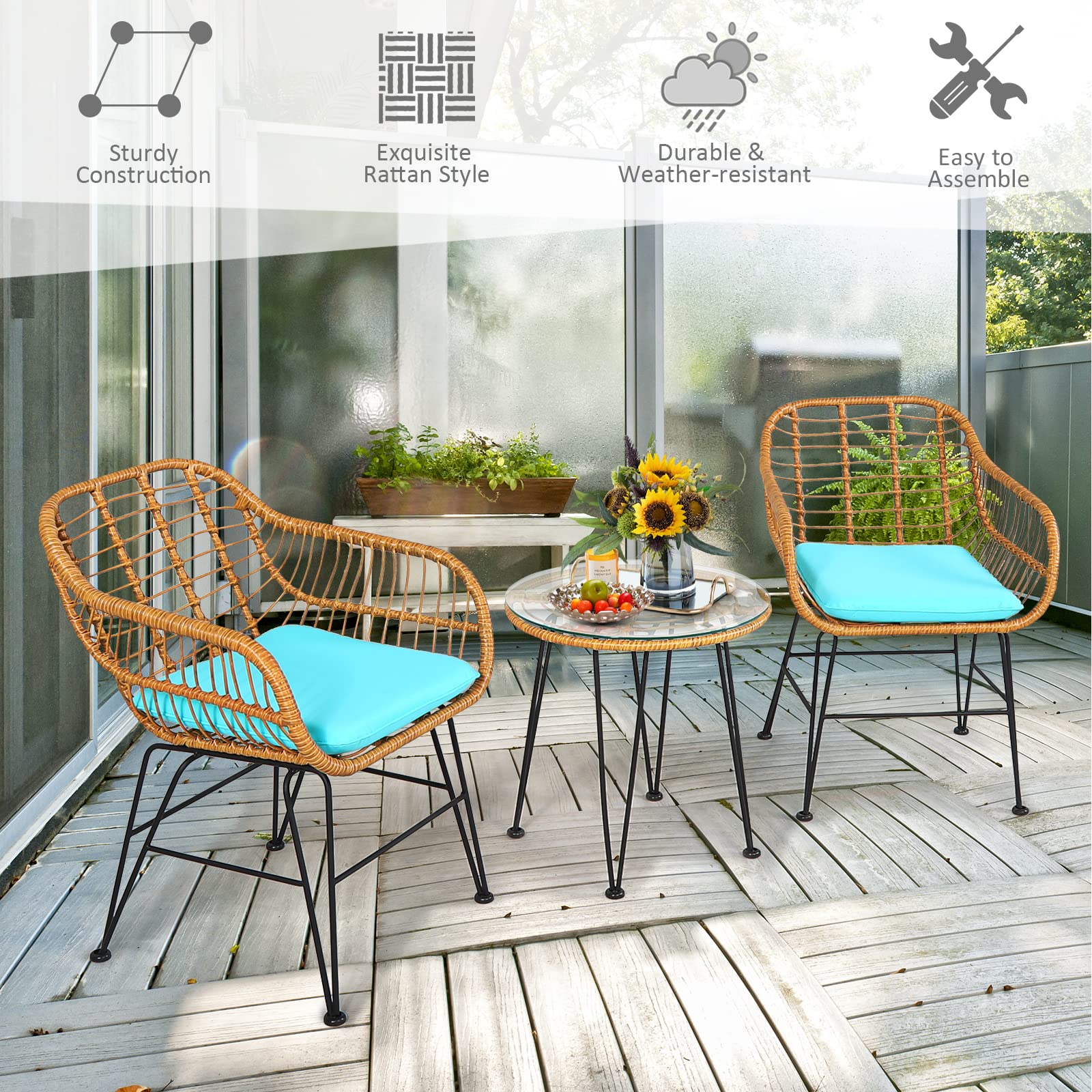 **Tangkula 3-Piece Patio Bistro Set - Rattan Wicker Conversation Set with 2 Cushioned Armchairs & Round Glass Coffee Table - Indoor/Outdoor Furniture for Balcony, Backyard, Garden, Poolside - Perfect for Relaxing, Entertaining & Outdoor Dining**