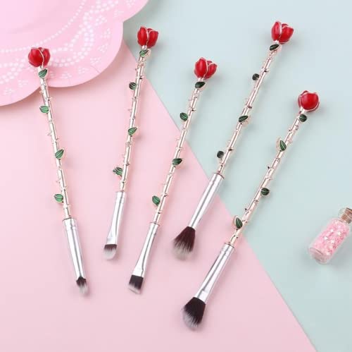 5-Piece Rose Gold Beauty and The Beast Inspired Rose Flower Shape Makeup Brush Set with Gift Bag - Perfect for Eyeshadow Blending & Daily Makeup Application (Ideal for Professional Artists & Home Use)