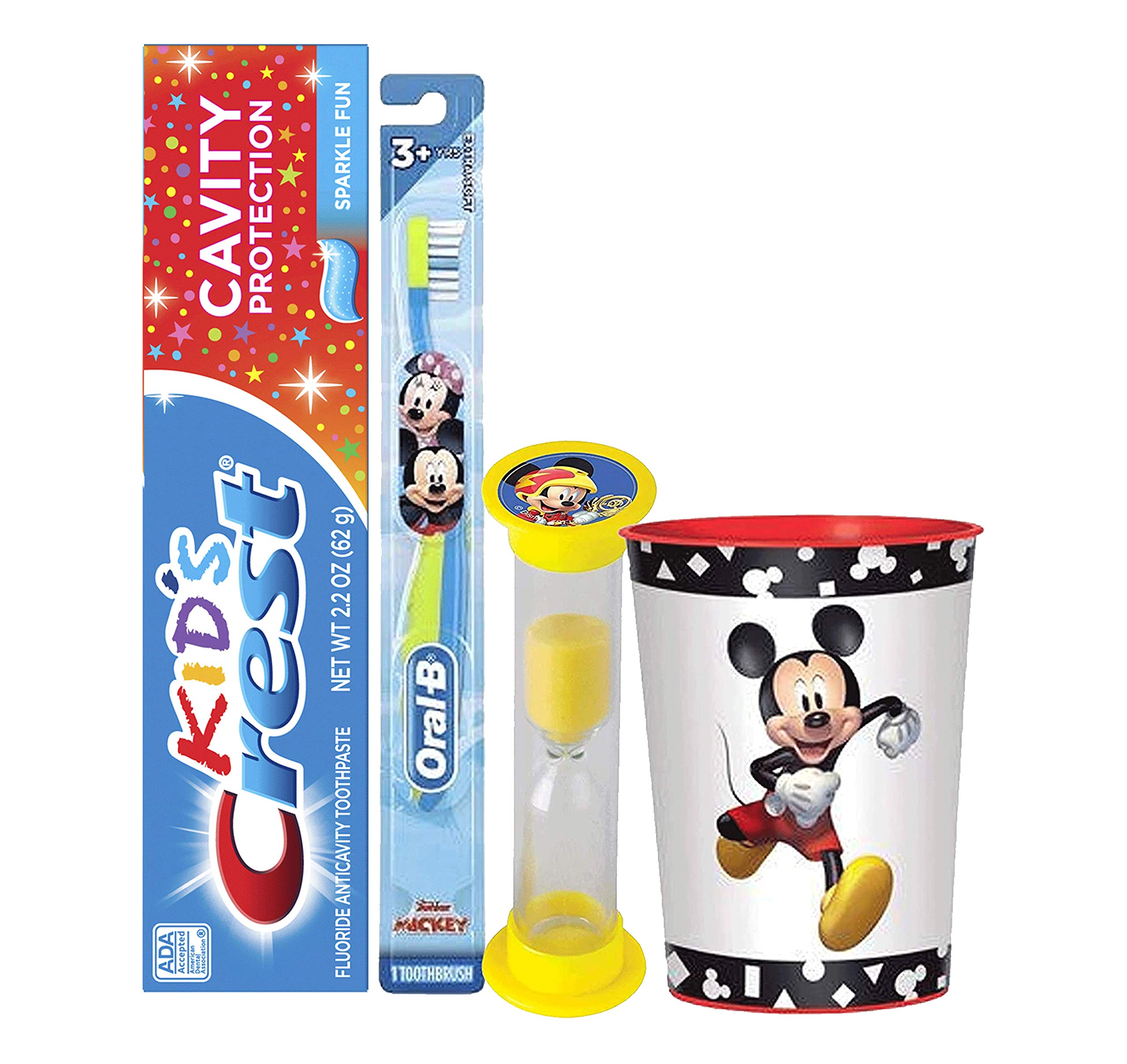 **Mickey Mouse & Friends 4-Piece Oral Hygiene Kit for Kids - Toothbrush, Toothpaste, Brushing Timer & Mouthwash Cup with Dental Gift Bag & Tooth Saver Necklace - Perfect for Disney Fans & Healthy Smiles**    *(Use for Daily Brushing Routine, Travel, Birthday Gifts & Encouraging Kids' Dental Care)*