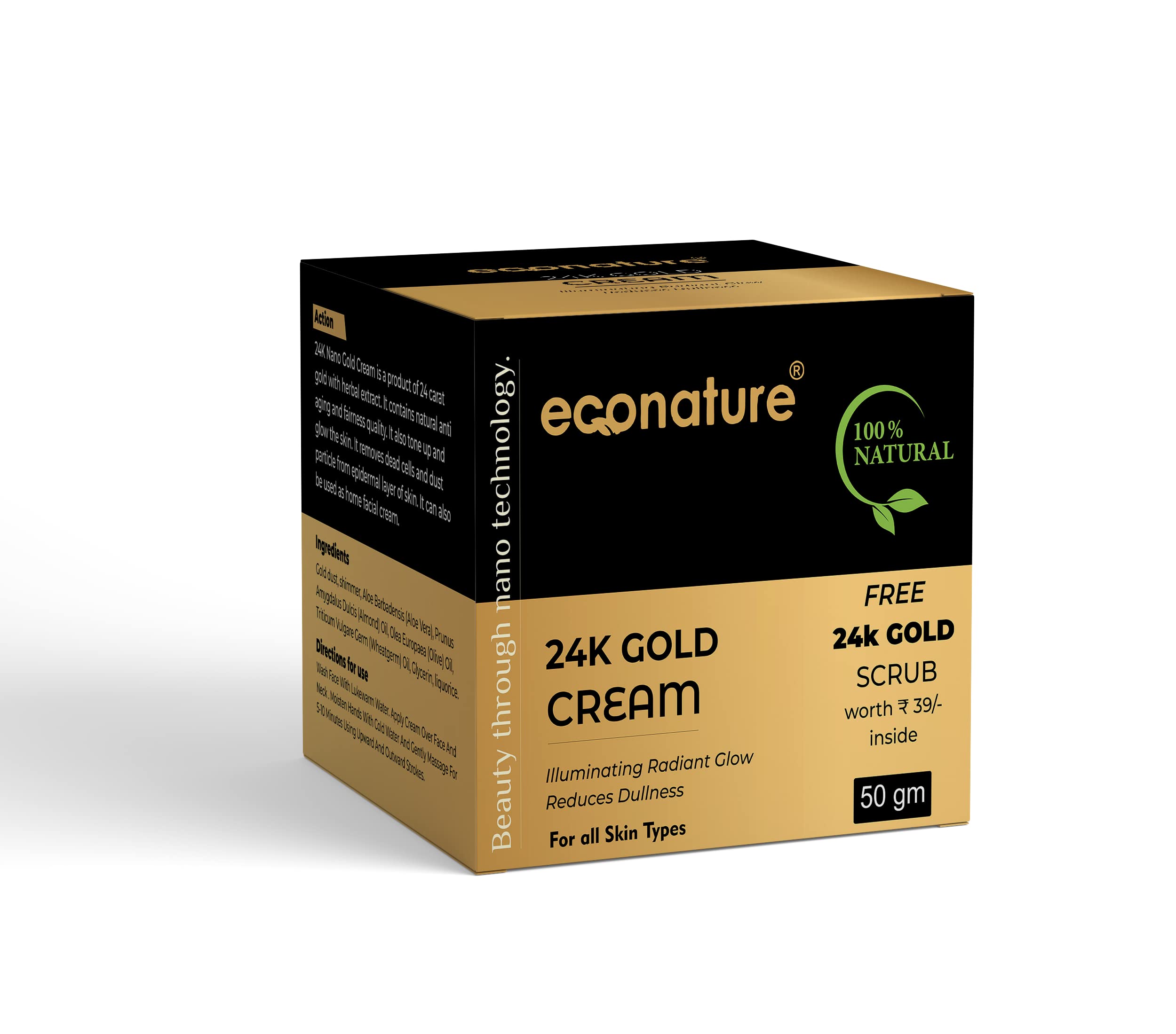 Econature 24K Gold Facial Cream 50g with Free 24K Gold Face Scrub - Anti-Aging Moisturizer for Radiant & Youthful Skin | Day & Night Hydration for Dry, Sensitive & Mature Skin | Luxury Skincare Gift Set