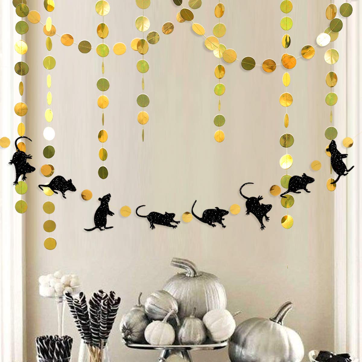 33 Ft Halloween Party Rat Banner Kit - Double Sided Black Glitter Mice with Gold Circle Dots - Perfect for Halloween Decorations, Birthday Parties & Mouse Themed Events - Bunting Garland Streamer for Spooky Celebrations