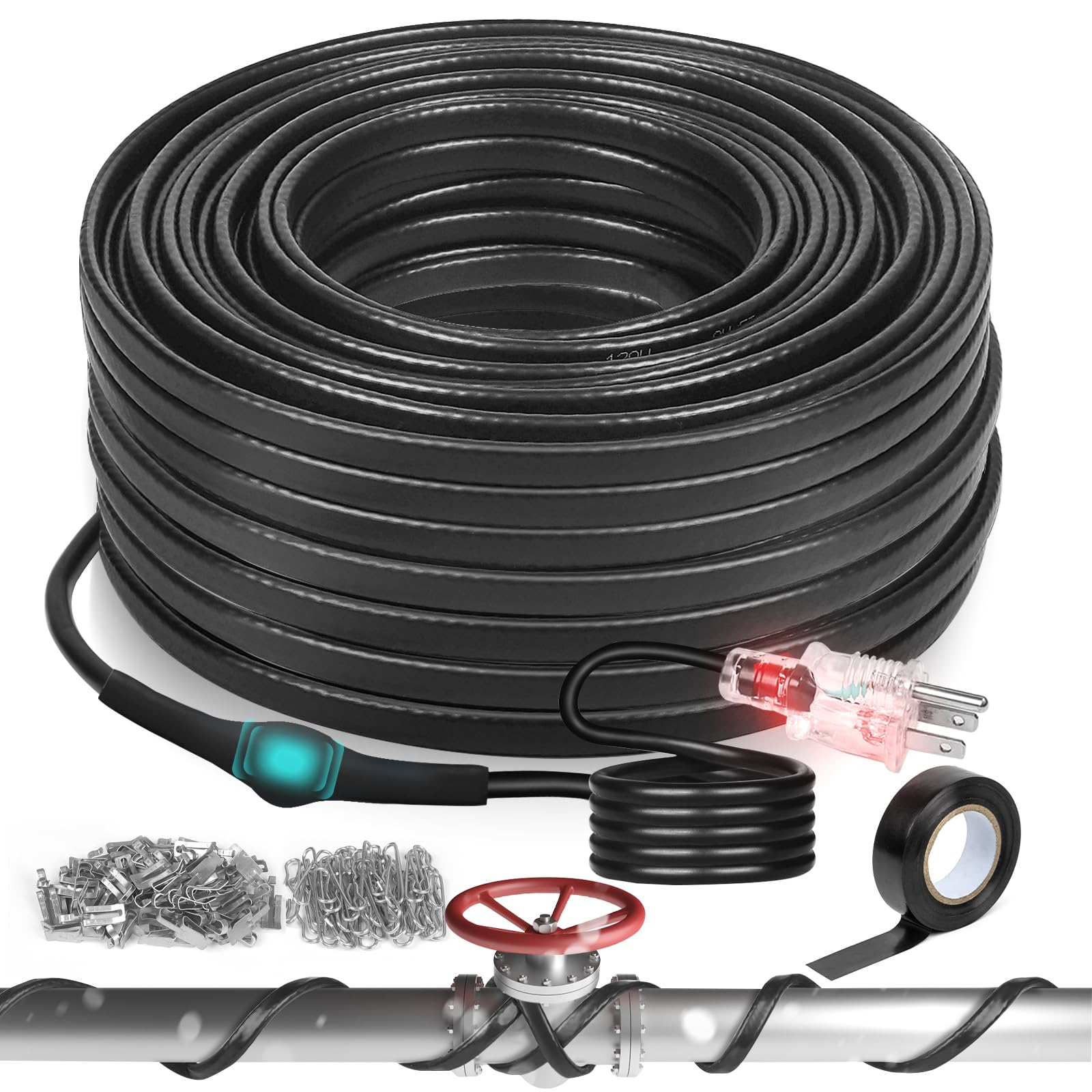 3FT-160FT Self-Regulating Heat Tape for Water Pipes -40°F to 122°F, Deicing Pipe Heating Cable with Built-in Thermostat, 120V 8W/ft (100FT) - Prevent Frozen Pipes in Winter for Roof Gutters, Exposed Pipes & Outdoor Water Hoses