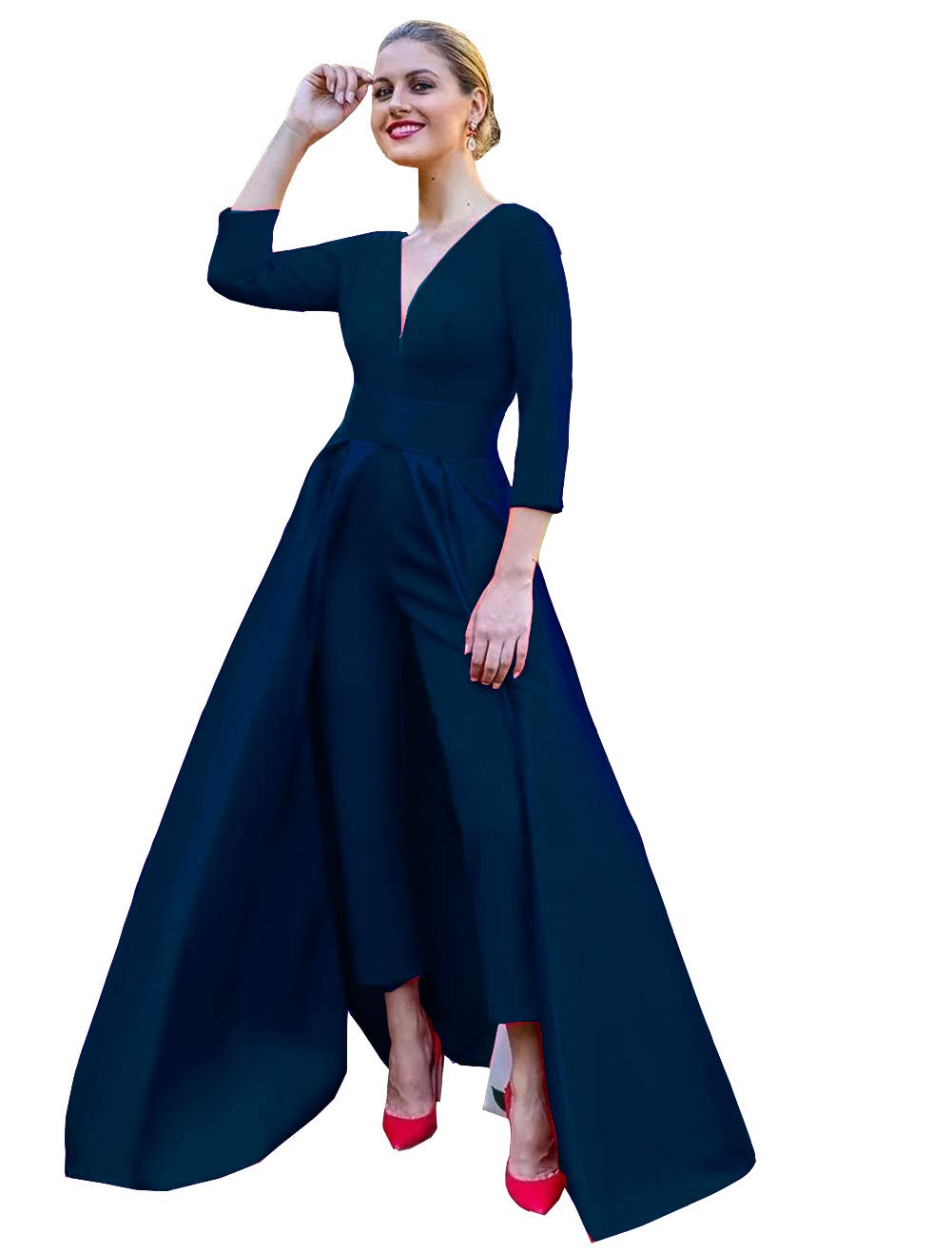 Emanni Women's Formal Evening Jumpsuit with Detachable Skirt - V Neck Long Sleeve Prom Dress in Navy Blue | Perfect for Weddings, Parties & Special Occasions