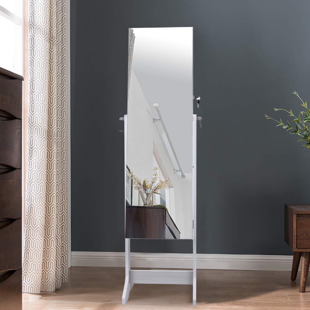 Soges Furniture Lockable Floor Standing Wooden Jewelry Cabinet with Mirror - Armoire Wardrobe Storage Organizer for Bedroom & Closet (White) - Perfect for Jewelry, Watch, and Accessory Organization