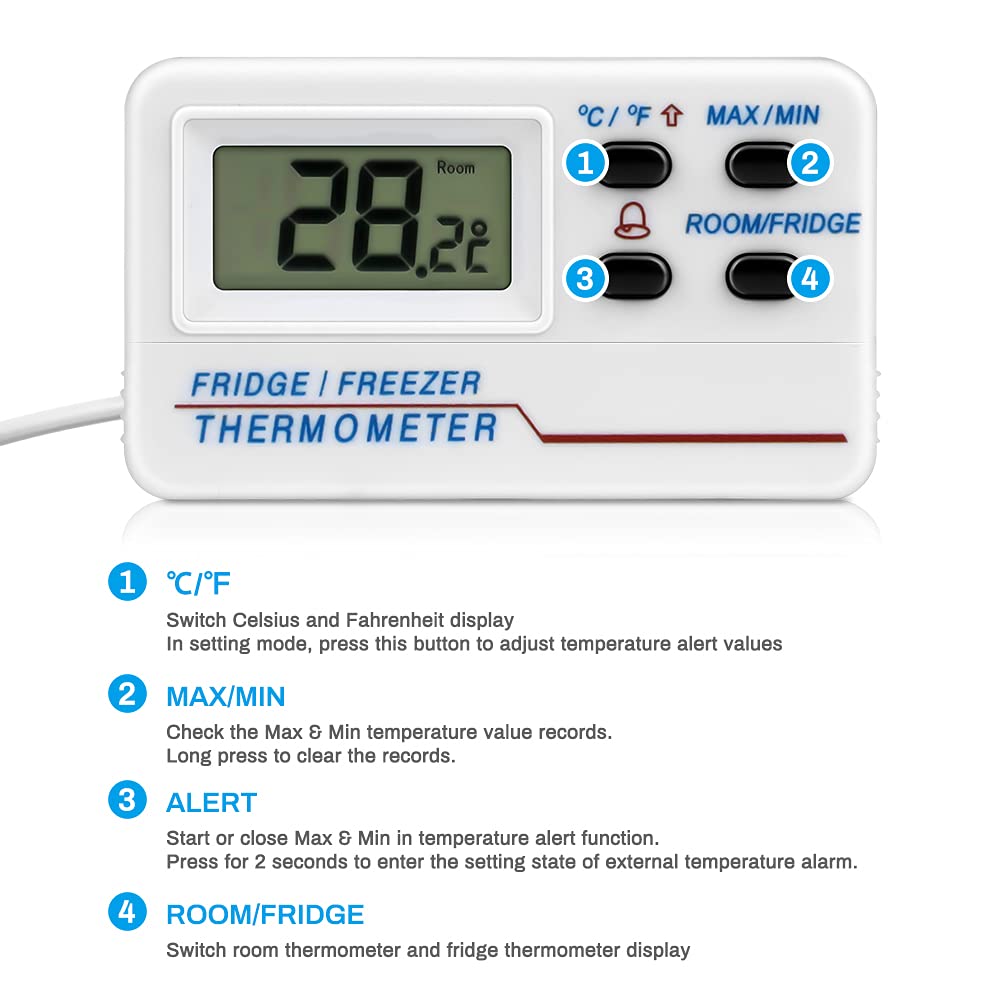 Welltop Digital Fridge Freezer Thermometer with Probe - Wireless Refrigerator Temperature Monitor with Max/Min Memory Alarm - Perfect for Home Kitchen, Bars, Cafes & Food Storage Safety