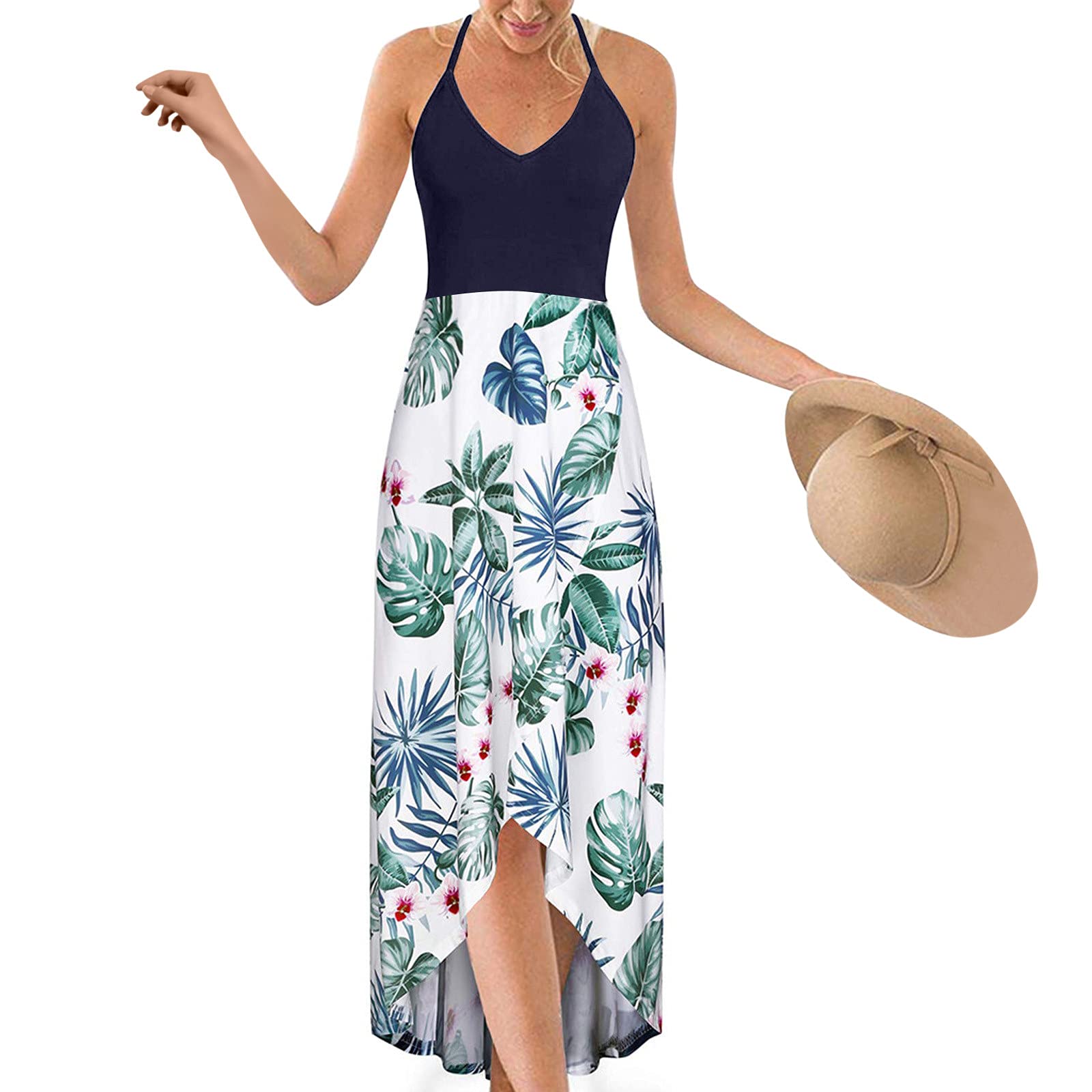 AIHOU Women's Asymmetrical Floral Patchwork Maxi Dress - Sleeveless Summer Sundress for Beach, Party & Casual Wear | Sexy Cami Tank Dress for Vacation, Date Night & Outdoor Events