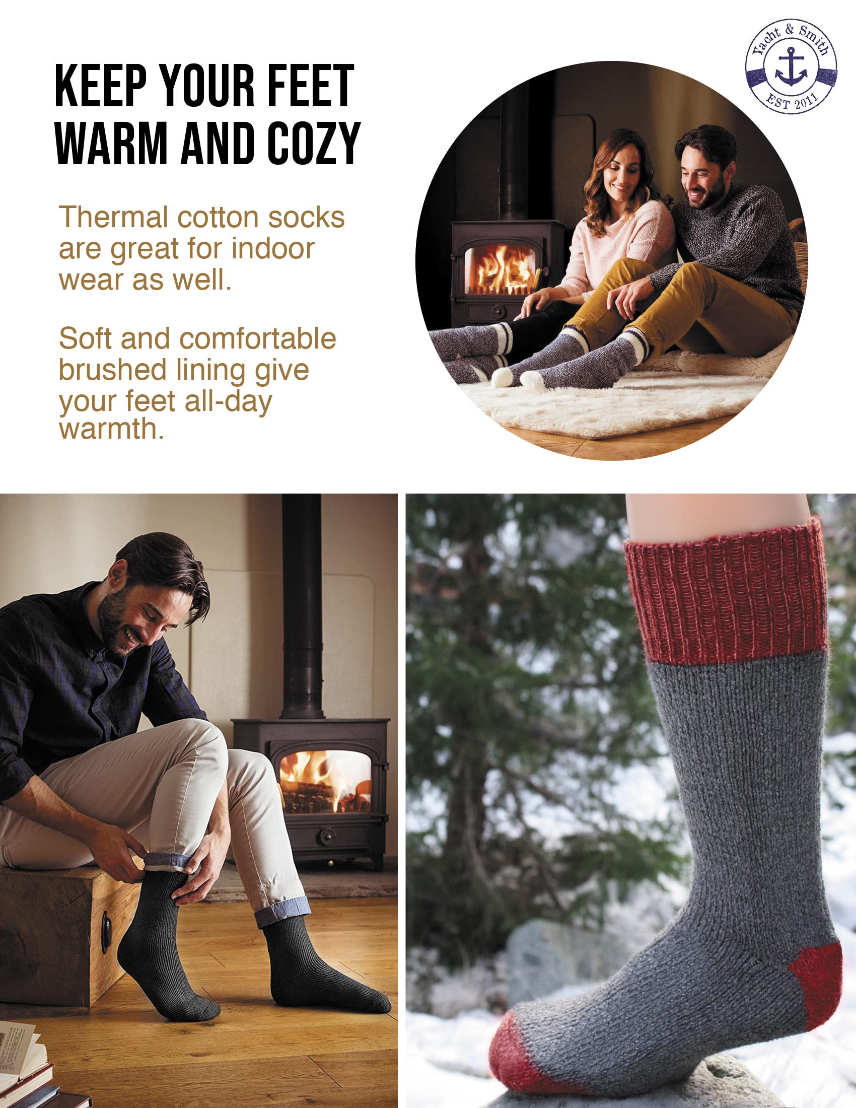 Yacht & Smith Men's Cotton Thermal Crew Socks for Cold Weather - Warm Boot Socks for Shoe Size 8-12 - Perfect for Winter Hiking, Outdoor Work & Snow Activities