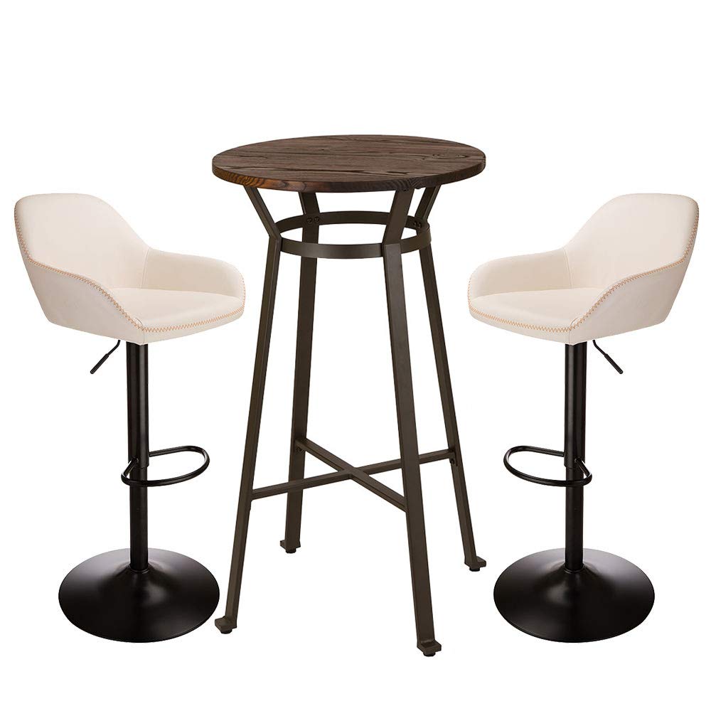 Glitzhome 3-Piece Pub Table and Chairs Set - Round Rustic Bar Height Table with Adjustable Swivel Bar Stools for Kitchen, Bistro, Dining Room & Breakfast Nook - Perfect for Small Spaces, Entertaining & Casual Dining