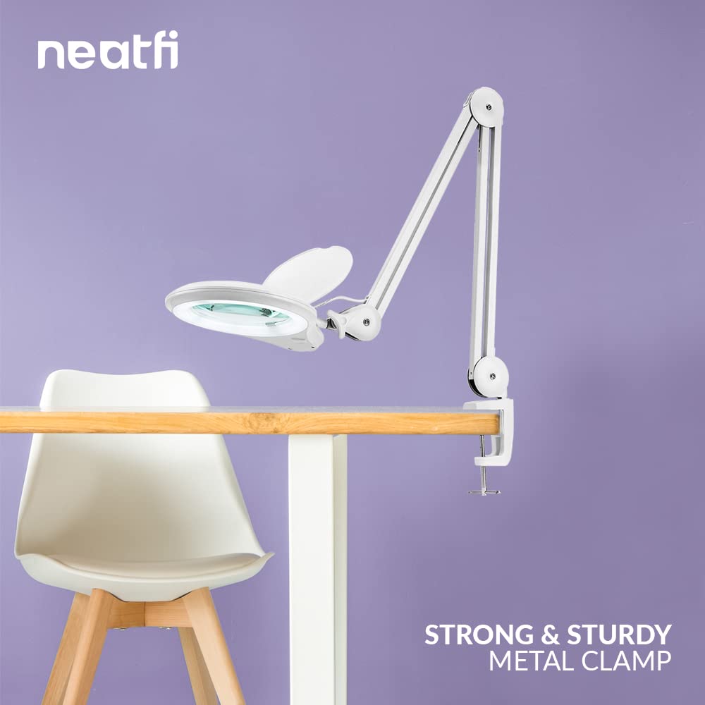 Neatfi (New Model) 1200 Lumens LED Magnifying Lamp with Clamp - 5 Inch Lens, Dimmable, 60 SMD LEDs, Adjustable Arm - 5 Diopter + 20 Diopter Bifocals - Perfect for Reading, Crafts, Jewelry Making & Detailed Work (White)