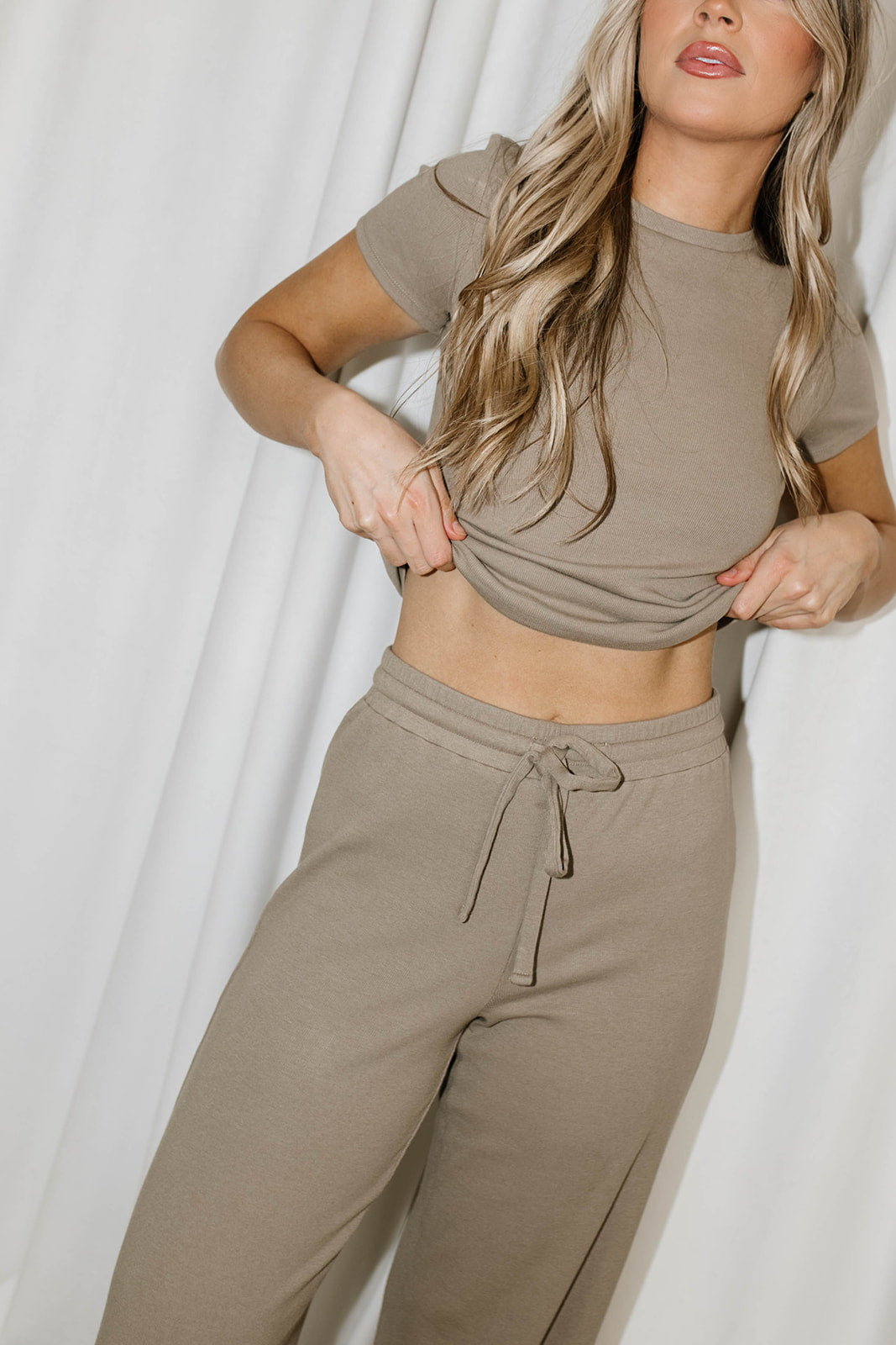 The Muse Knit Ribbed Short Sleeve Top & Pants Set - Women's Casual Lounge Outfit in Mocha Brown | Soft Stretchy Comfort Wear for Yoga, Travel & Home Relaxation