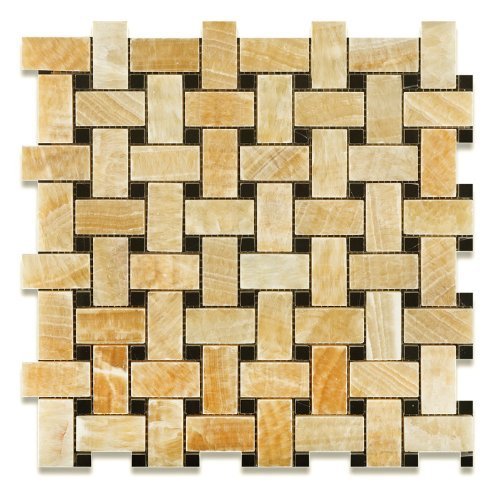 Premium Honey Onyx Polished Basketweave Mosaic Tile with Black Dots - 5 sq. ft. Box - Natural Stone Backsplash for Kitchen & Bathroom - Waterproof Peel-and-Stick Wall Tile for Shower, Fireplace, and Flooring