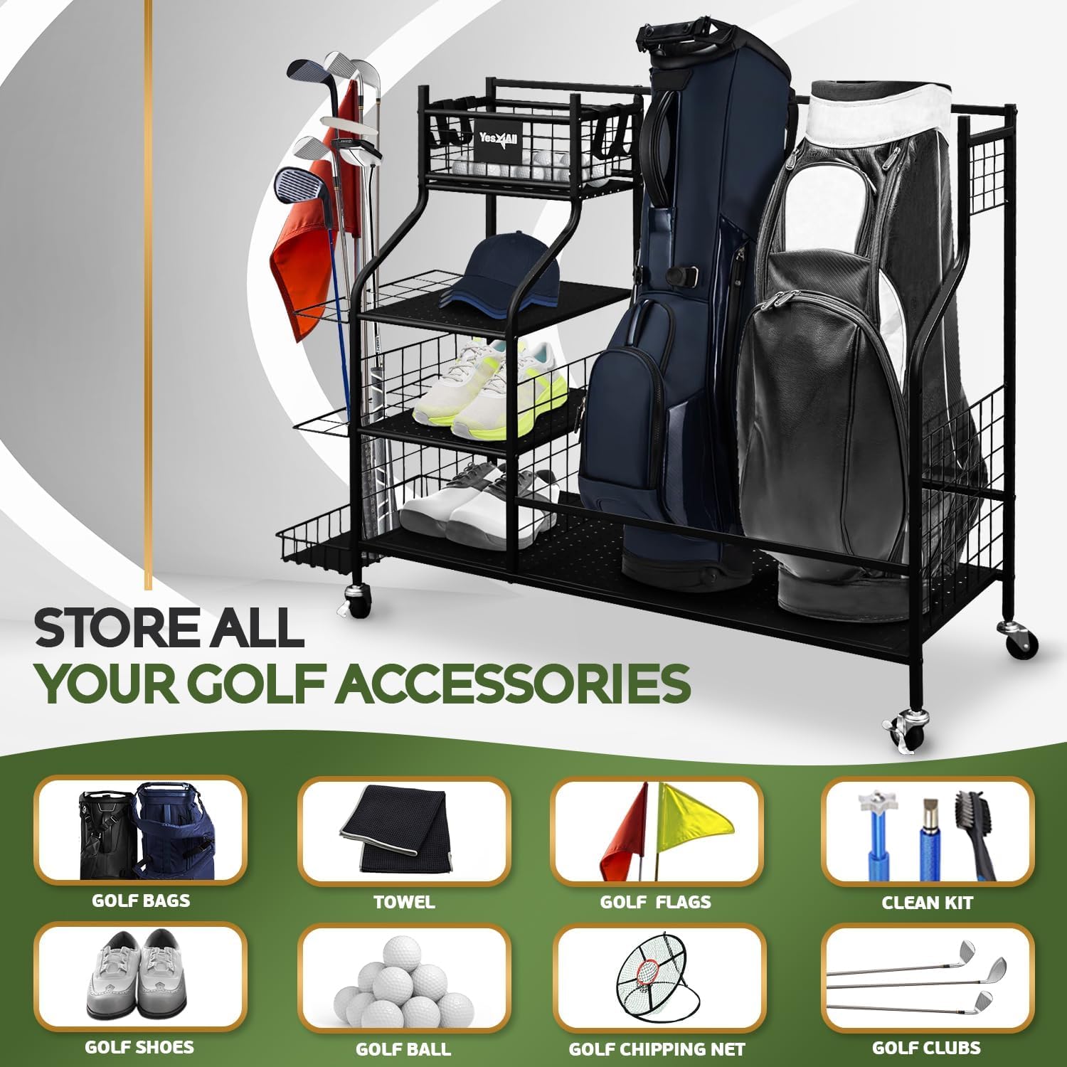 Yes4All Golf Storage Garage Organizer - Golf Bag Stand & Equipment Rack for Clubs | Heavy Duty Black Golf Gear Organizer | Perfect for Home, Garage & Club Storage