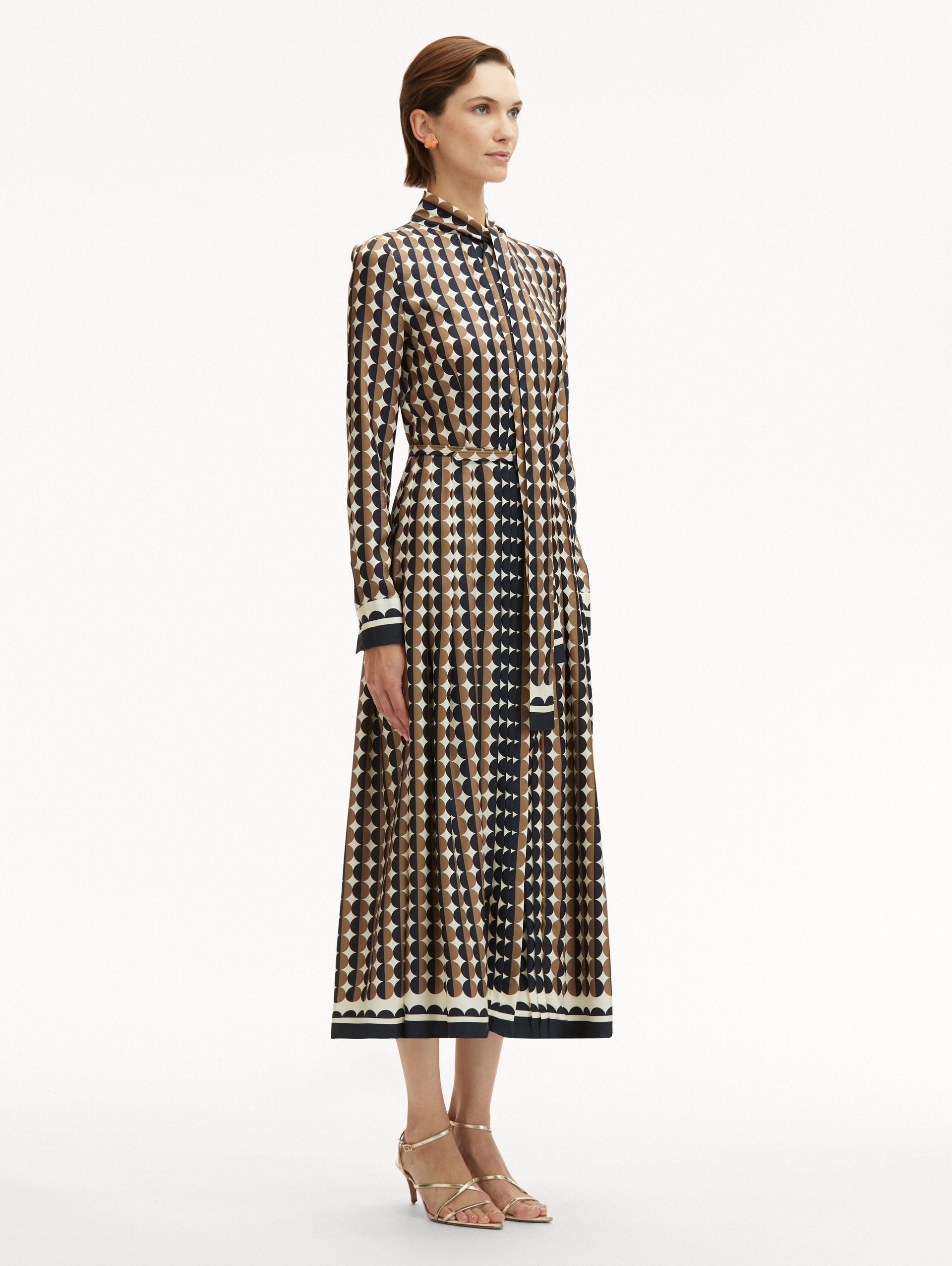 Elegant Geometric Circle Print Silk Twill Dress for Women | Flowy Summer & Evening Party Wear | Perfect for Weddings, Cocktail Events & Date Nights