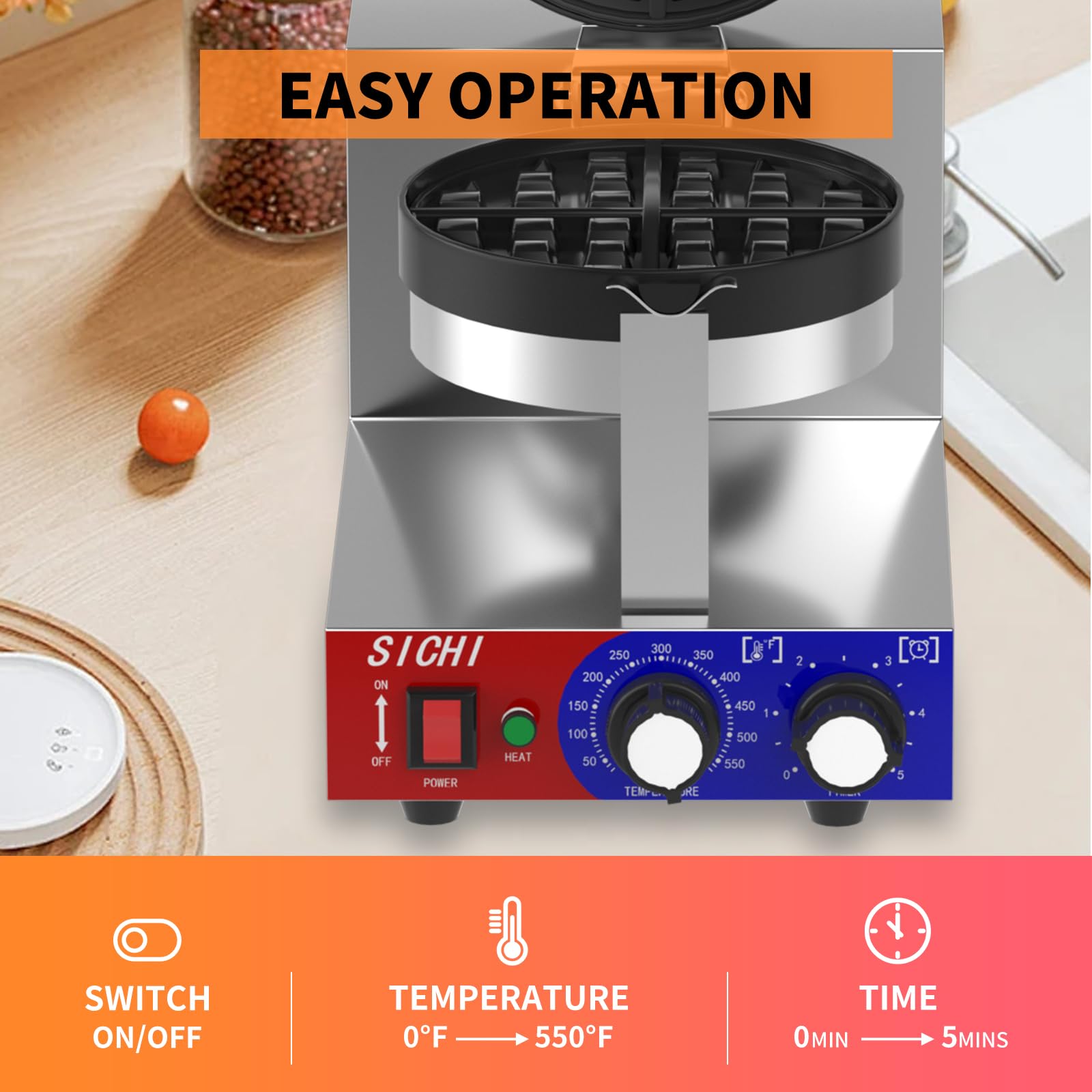 SICHI Commercial Waffle Maker - 1200W Belgian Waffle Iron with Non-Stick Baking Pan, 550°F Fast Heating, Rotating Stainless Steel Waffle Machine for 1.2