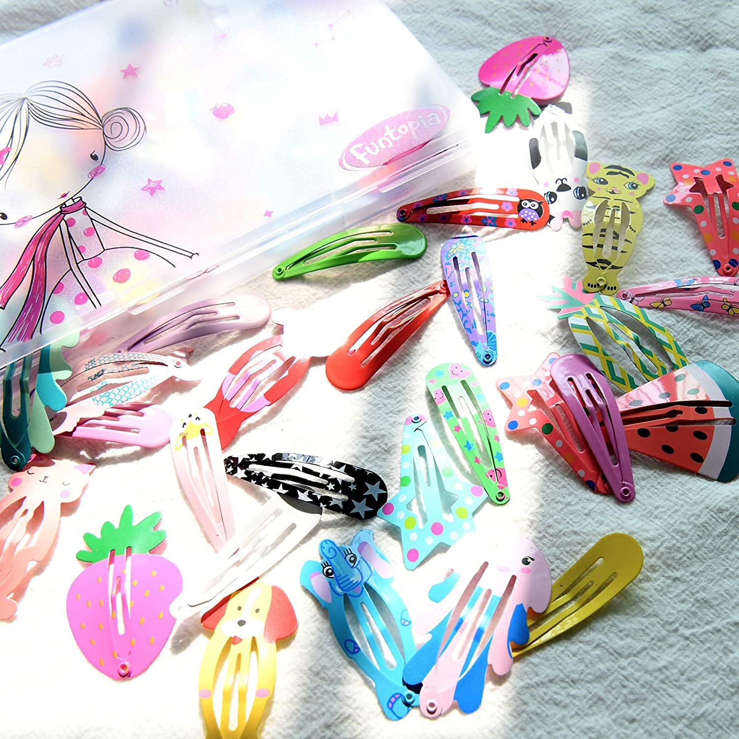 Funtopia 20 Pcs Non-Slip Metal Snap Hair Clips for Girls, Kids, Teens & Women - Cute Candy Color Cartoon Barrettes (Animals, Fruits, Crowns, Stars) - Perfect for School, Parties & Daily Hair Styling