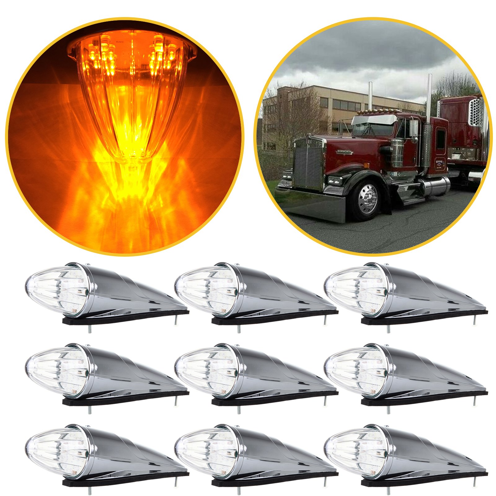 ECCPP 9X Amber 17LED Chrome Torpedo Cab Marker Lights for Trucks & Trailers - Compatible with Peterbilt, Kenworth, Freightliner, Volvo, Mack - Durable Roof Running Clearance Lights for Enhanced Nighttime Visibility & Safety