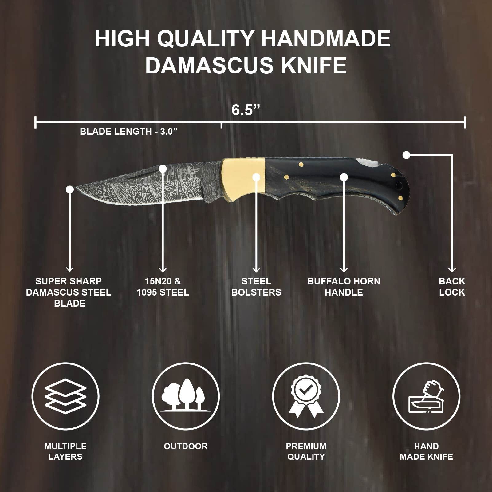 Premium Damascus Pocket Knife for Men - 133 Layer High Carbon Steel Handcrafted Folding Hunting Knife with Sharpener & Leather Sheath - Perfect Outdoor Survival Tool for Camping, Hunting, Hiking - Ideal Father's Day Gift for Husband, Dad (Buffalo Horn Handle) - Great for Bushcraft, Fishing, and Everyday Carry (EDC)