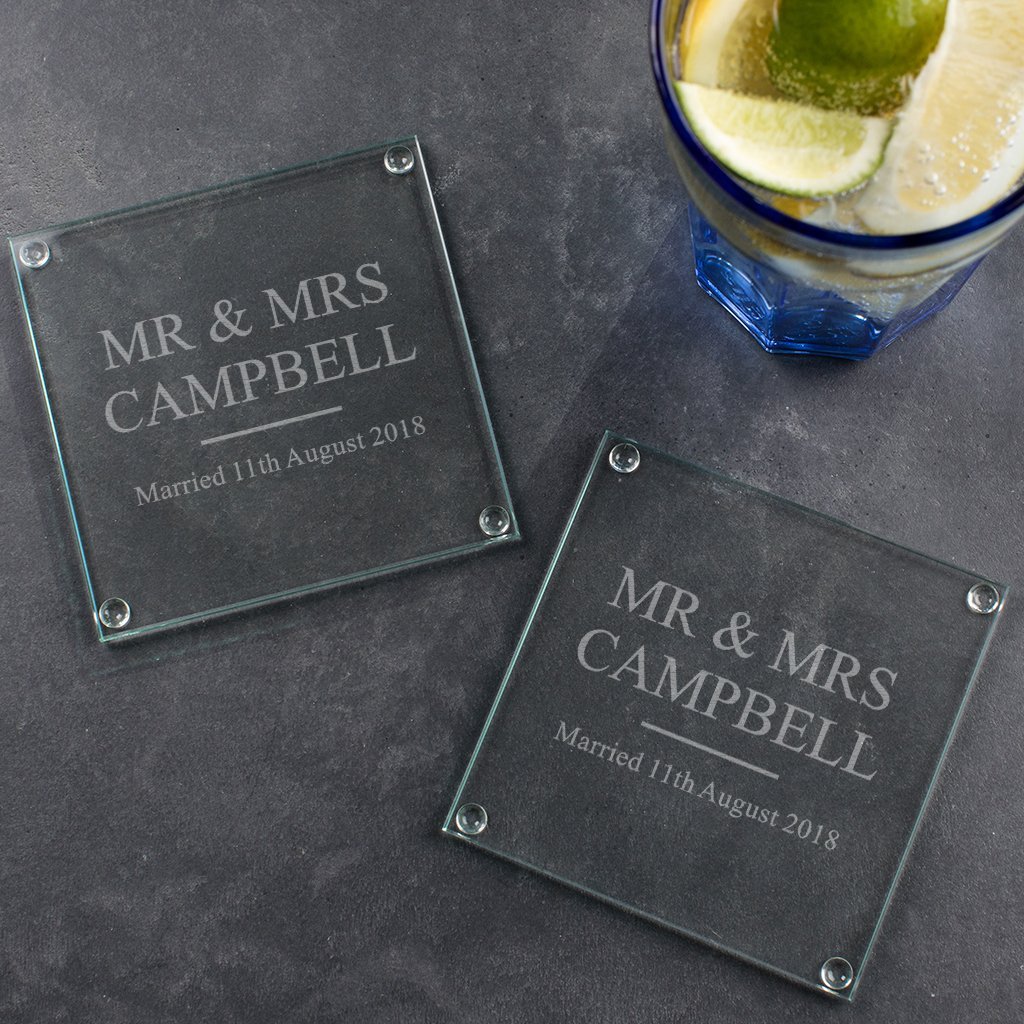Personalized Wedding Gift Coasters - Custom Engraved Glass Coasters Set for Couples - Unique Engagement & Anniversary Keepsake - Perfect for Bridal Showers, Newlyweds & Romantic Home Decor