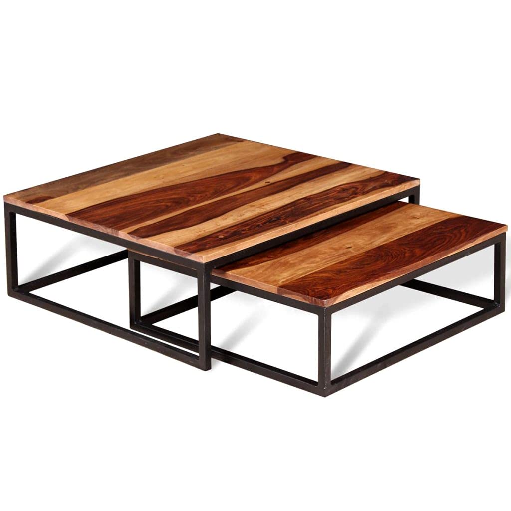 Industrial Style Nesting Coffee Table Set - 2-Piece Solid Sheesham Wood Side Tables for Living Room | Modern Couch End Table, Tea Table, Low Coffee Table | Perfect for Small Spaces, Apartments & Cozy Home Decor