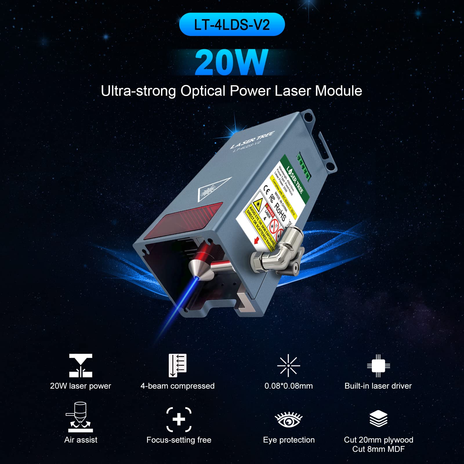 20W Laser Engraver Module with Air Assist - 20000mW High Power Laser Cutter for Metal, Steel, Wood & Acrylic - Precision Quad-Compression Spot Head with 340+ Color Engraving - Perfect for DIY Crafts, Jewelry Making & Industrial Marking