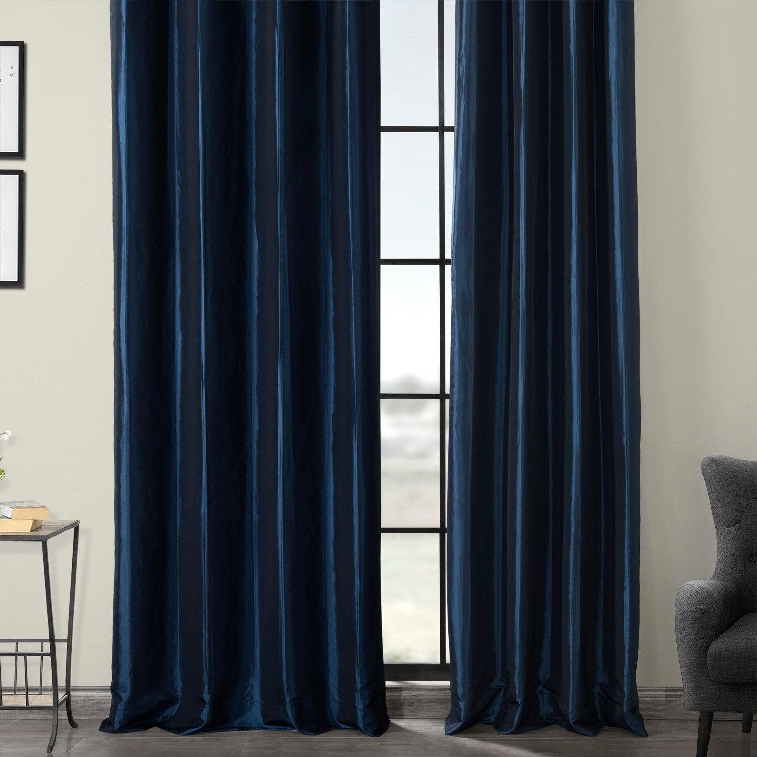 Navy Blue Grommet Faux Silk Taffeta Blackout Curtains for Bedroom & Living Room - Light Blocking, Noise Reducing Window Drapes for Home Decor