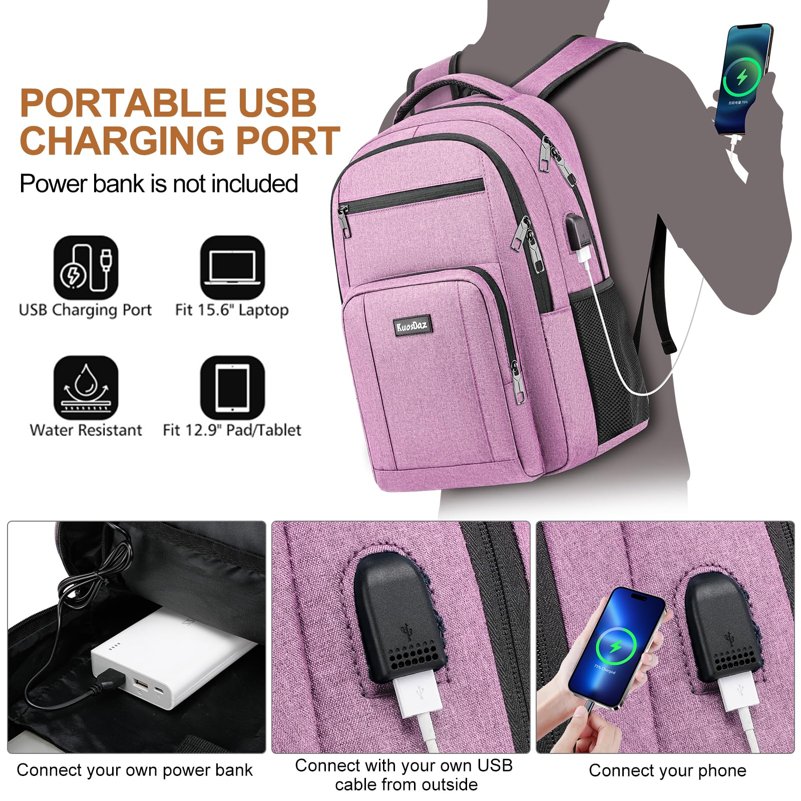 Durable Waterproof Laptop Backpack for Men & Women - Large 15.6 Inch USB Charging College Bookbag - School Backpack for Teen Boys & Girls (Pink) - Perfect for Work, Travel & Daily Commute