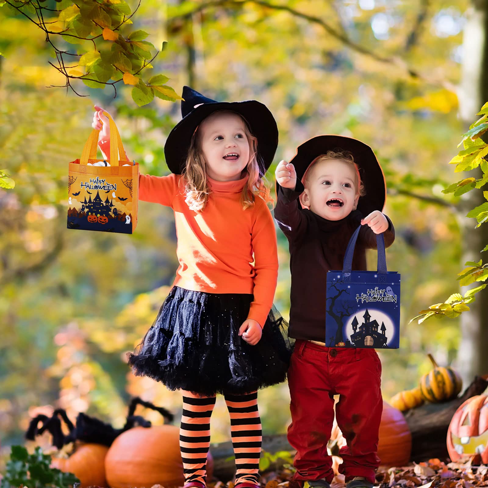 16 Pack Reusable Halloween Trick or Treat Bags with Handles - Cute Halloween Party Favor Bags for Kids, Candy Collection & Gift Giving - Perfect for Trick-or-Treating, Classroom Parties & Halloween Events