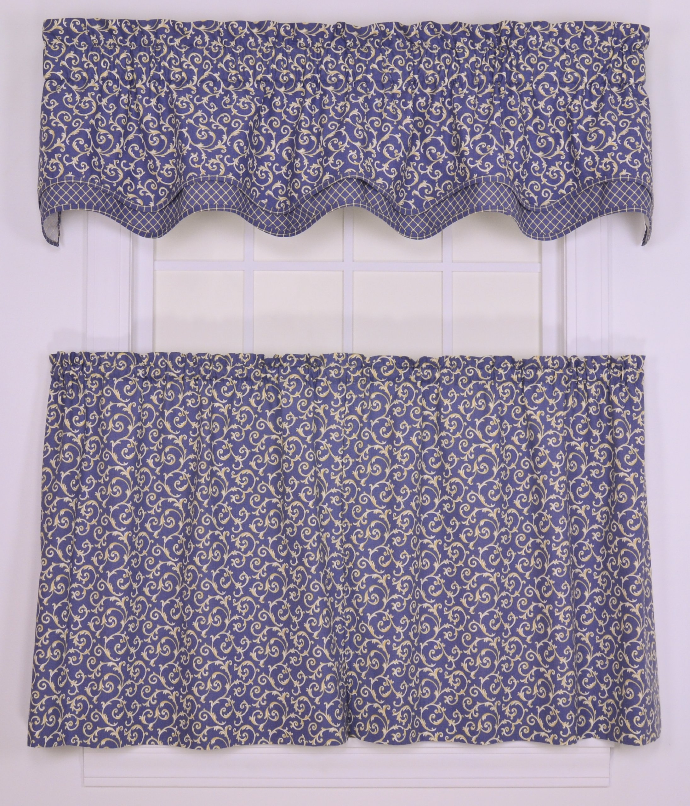 Tremblay Small Scale Scroll Tailored Tier Curtains - 68 x 24 Inches, Blue - Perfect for Kitchen Windows, French Doors & Small Spaces