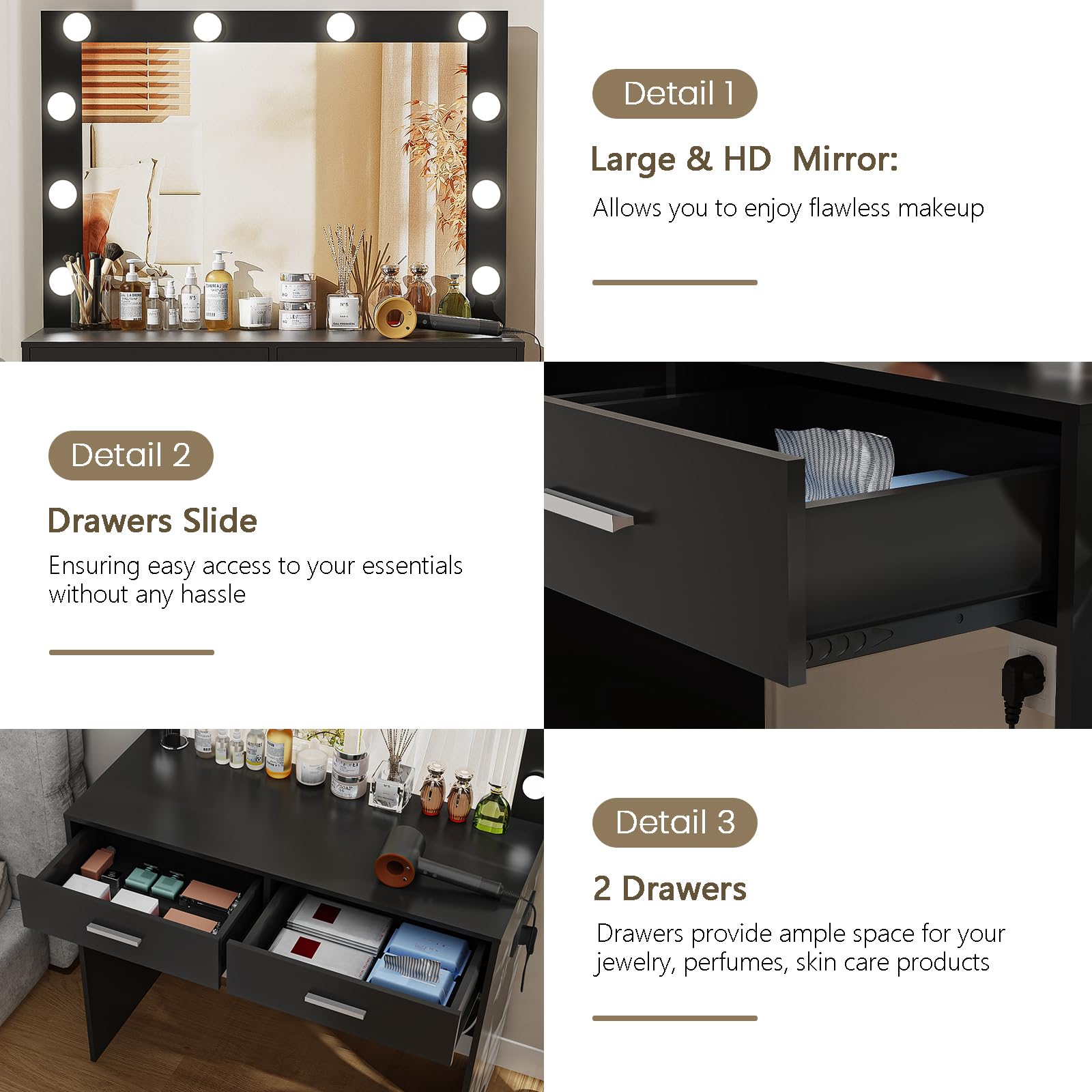 USIKEY Makeup Vanity Desk with Large LED Mirror - 10 Adjustable Lights, 2 Spacious Drawers & Built-in Power Outlet | Modern Dressing Table for Women & Girls | Perfect for Bedroom, Dorm Room or Beauty Salon (Black)