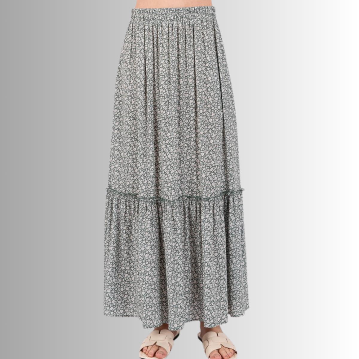 Pine Dove Sage Ditsy Floral Maxi Skirt - Made in USA | Boho Chic Summer Dress for Beach, Vacation & Casual Outings
