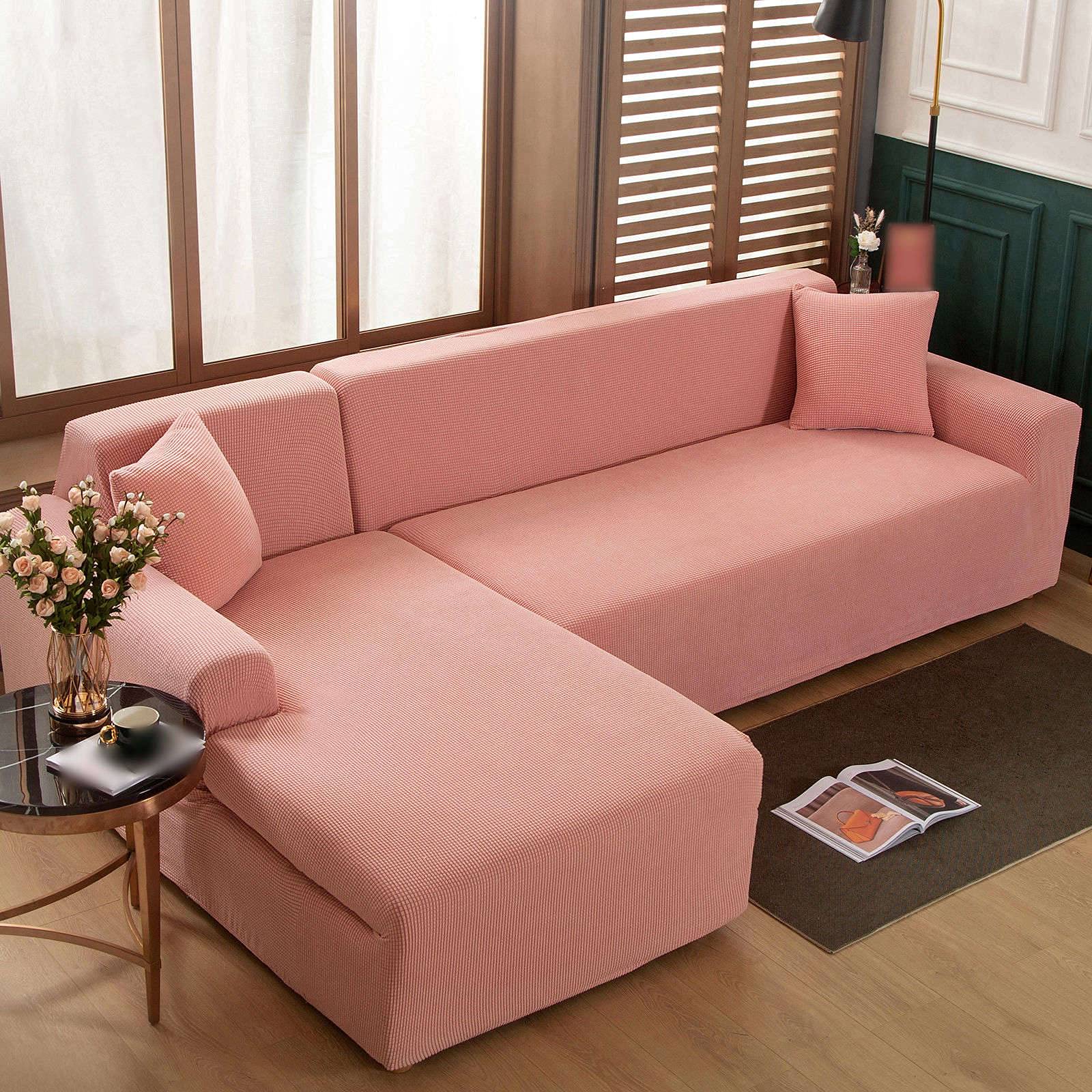 Stretch Sofa Cover L Shape - 2 Piece Jacquard Spandex Sectional Couch Cover, Furniture Protector Slipcover for 3+3 Seater Living Room Sofa - Pink | Perfect for Home Decor, Pet Protection & Daily Use