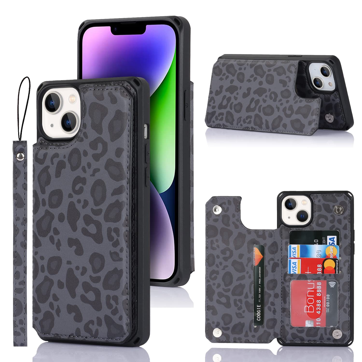Premium Shockproof iPhone 14 Wallet Case with Card Holder & Stand - Leopard Grain Protective Cover for Women & Men (Black) | Perfect for Everyday Use, Travel & Hands-Free Viewing