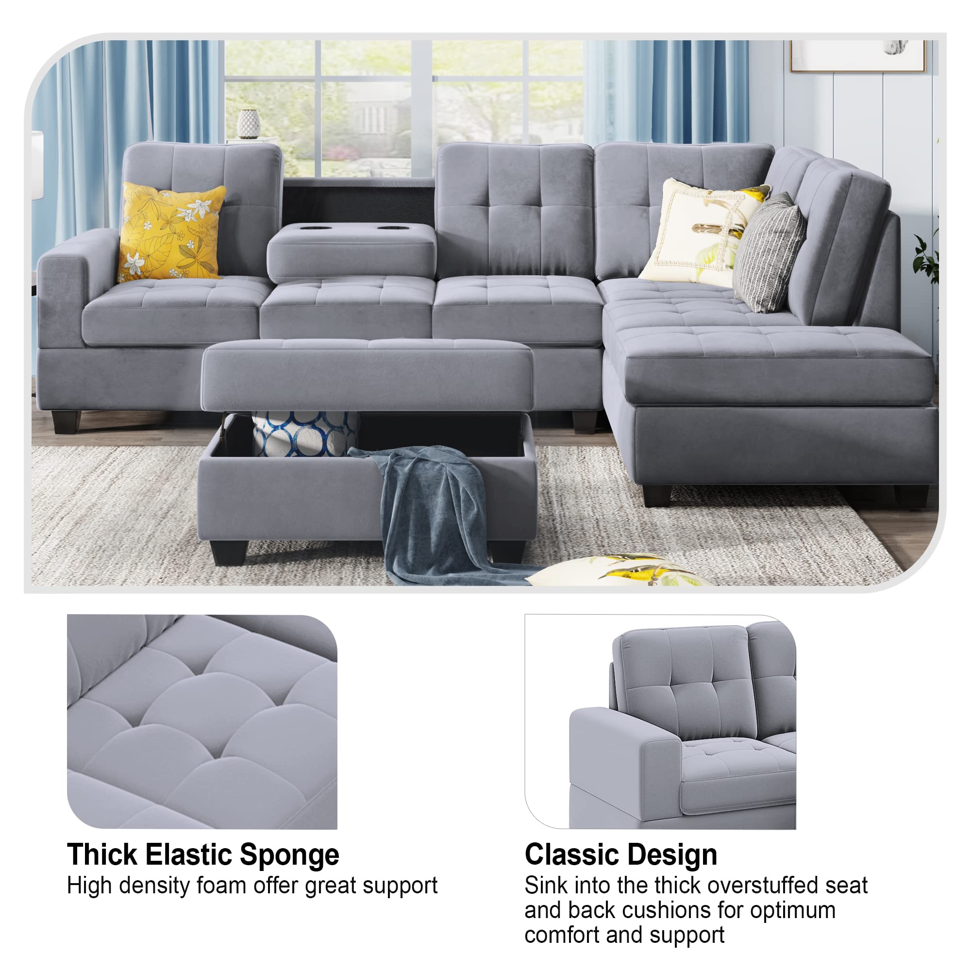 L-Shaped Sectional Sofa with Reversible Chaise, Storage Ottoman & Cup Holders - Modern Living Room Furniture Set in Light Gray | Perfect for Small Spaces, Family Gatherings & Movie Nights