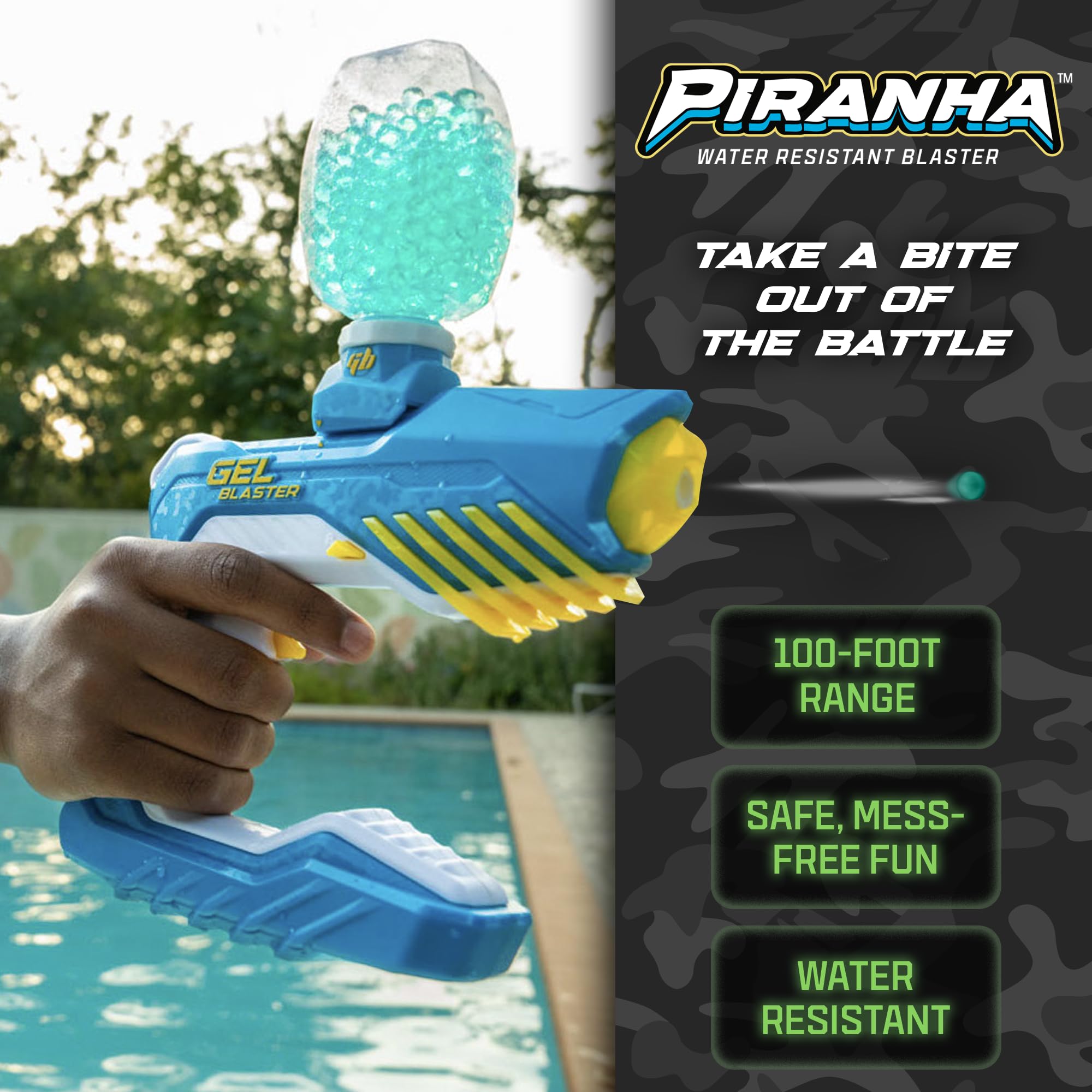 Gel Blaster Piranha - Waterproof Splat Ball Gun with Eco-Friendly Water Beads | 100+ Foot Range Automatic Blaster for Outdoor Games, Backyard Battles & Pool Parties | Perfect for Teens Ages 14+ | Great for Team Building, Birthday Parties & Summer Fun