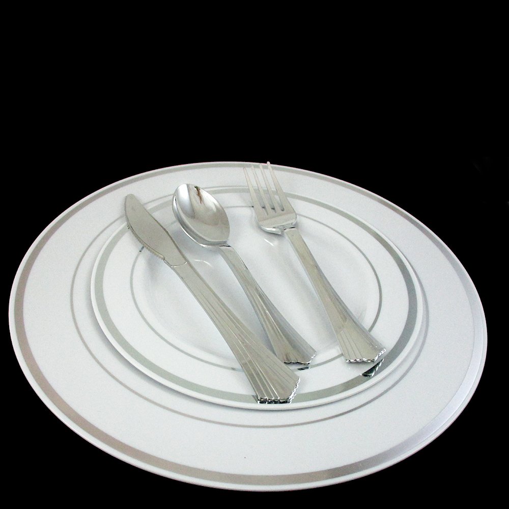 60-Piece Heavyweight Plastic Dinner Plates with Silver Rim - Elegant Disposable Salad Plates for Weddings, Parties, and Catering Events