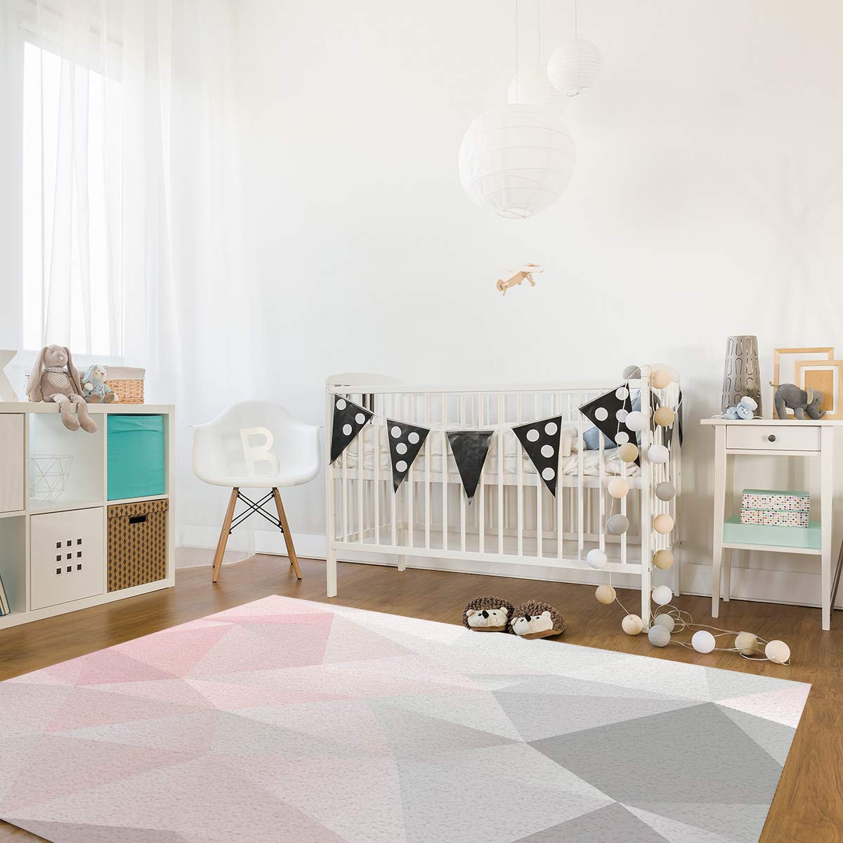 3' x 5' Geometric Pink and Grey Ombre Triangle Area Rug - Modern Nursery Carpet for Kids, Soft Throw Rug for Bedroom, Living Room & Kitchen - Non-Slip Floor Mat for Home Decor, Playroom & Dorm Room