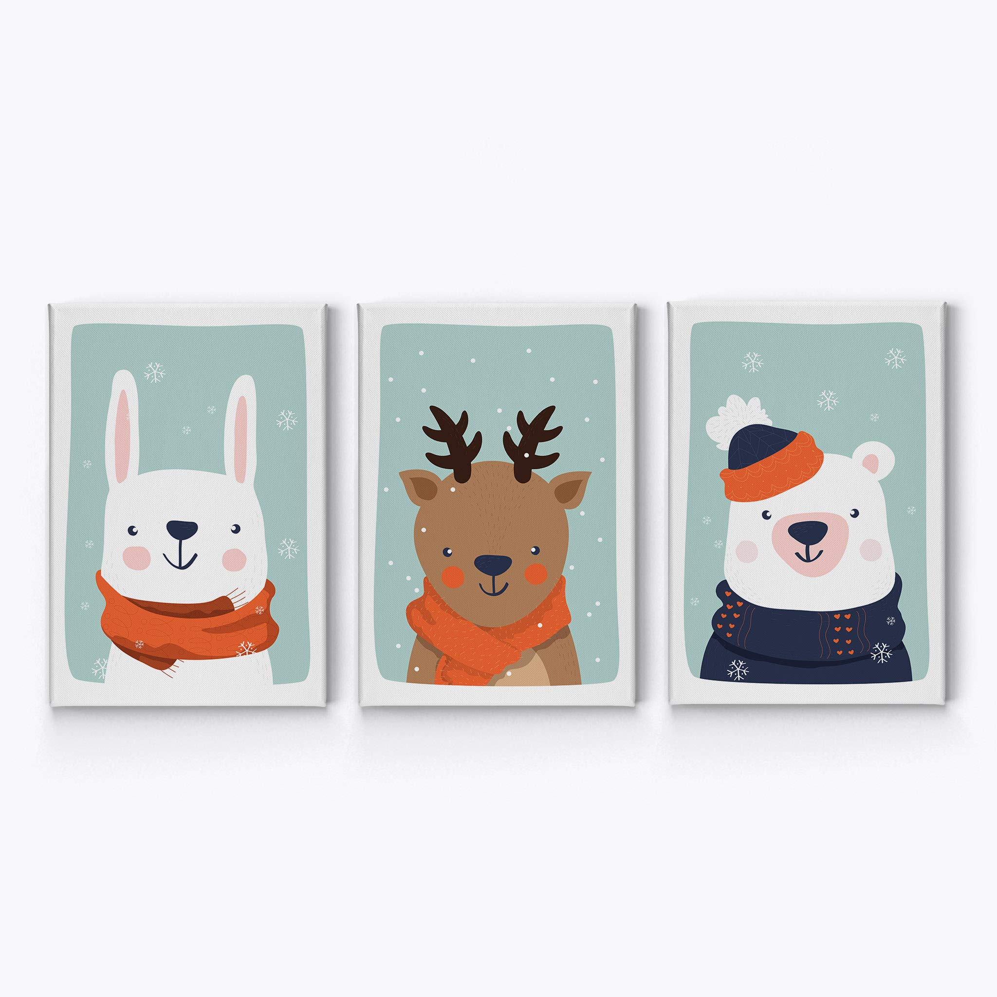 Cute Rabbit Deer Bear Winter Theme 3-Piece Canvas Wall Art Set for Kids Room Decor - Turquoise Background, Rolled Canvas Prints (40x30 inches x3) - Made in USA | Nursery, Bedroom & Playroom Wall Decor