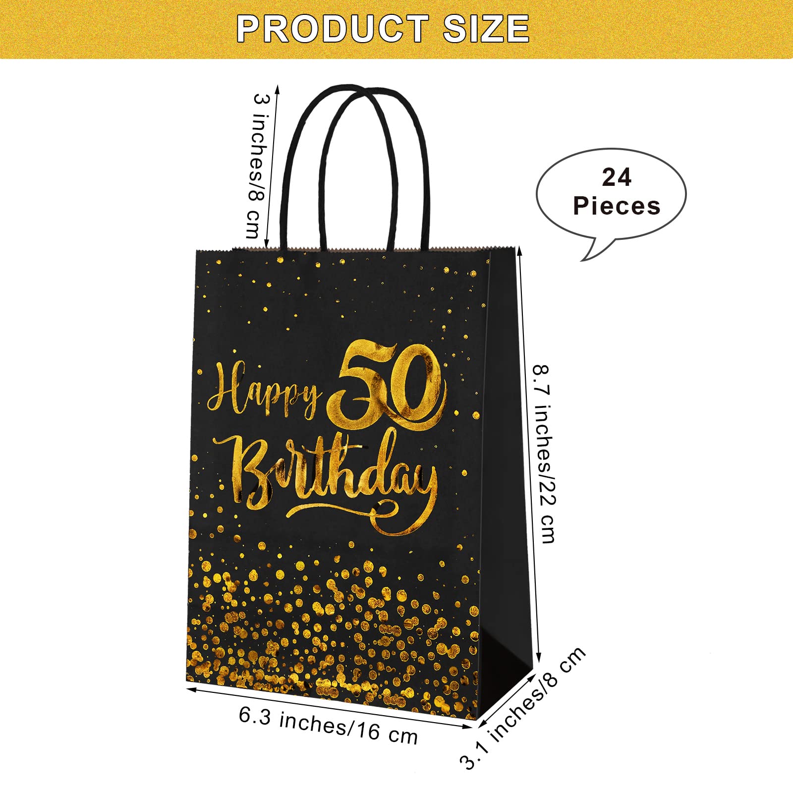 24 Pack Black & Gold 50th Birthday Gift Bags - Kraft Paper Party Favor Bags for Candy, Wedding, Anniversary Celebrations - Perfect for Birthday Parties, Retirement Events & Special Occasions