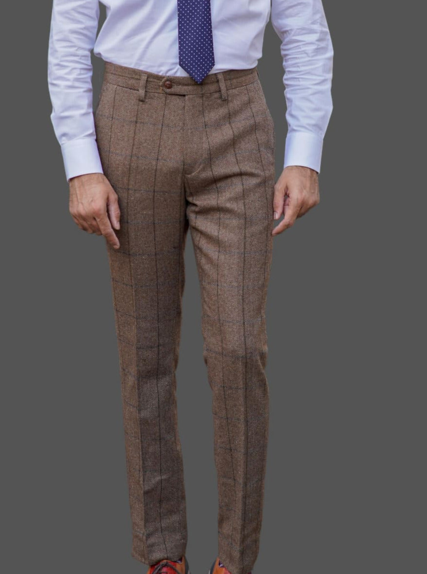 Barucci Marcus Men's Vintage Brown Tweed Trousers - Classic Slim Fit Dress Pants for Business Casual & Office Wear - Perfect for Weddings, Work & Formal Occasions
