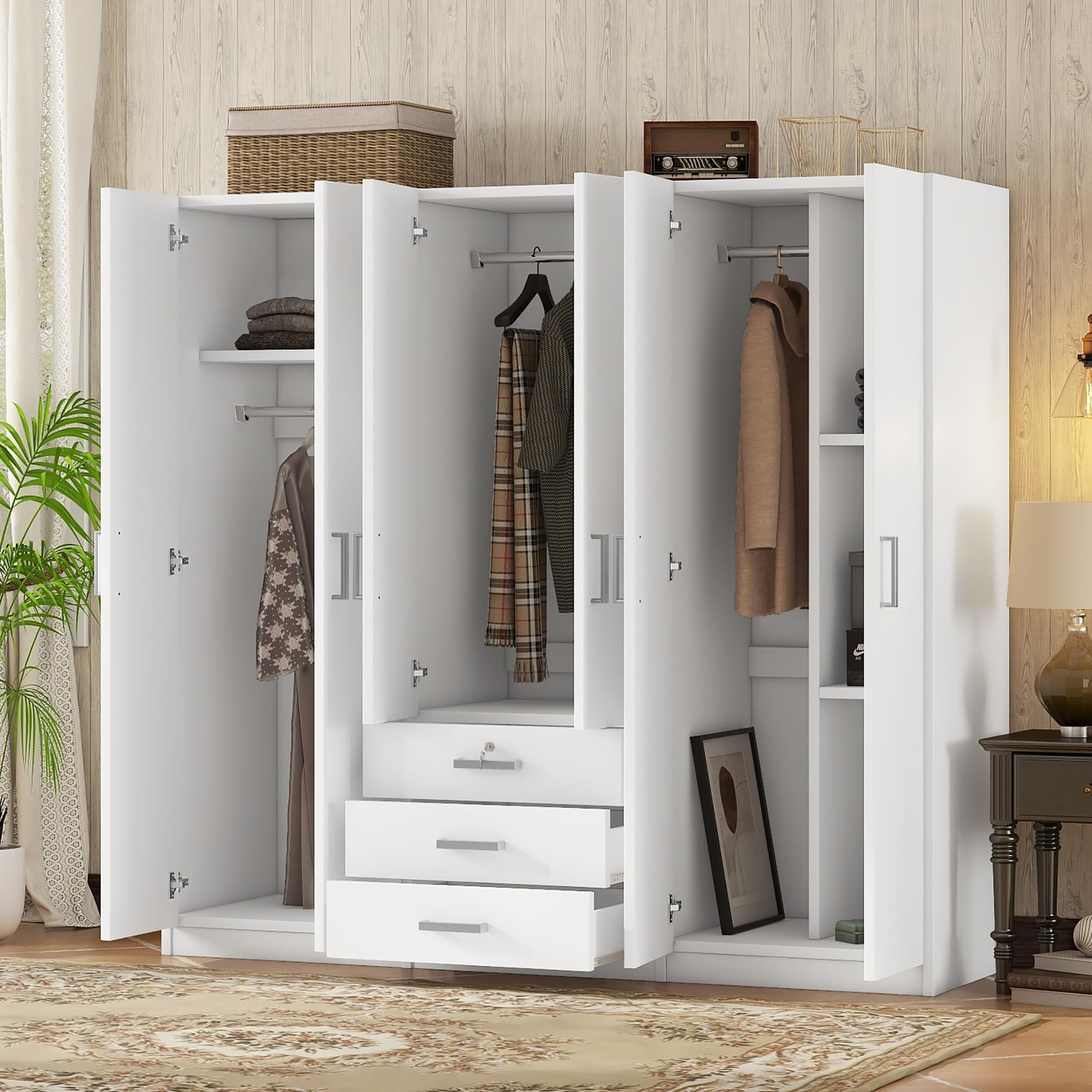 Large 6-Door Wooden Wardrobe Closet - 70.9