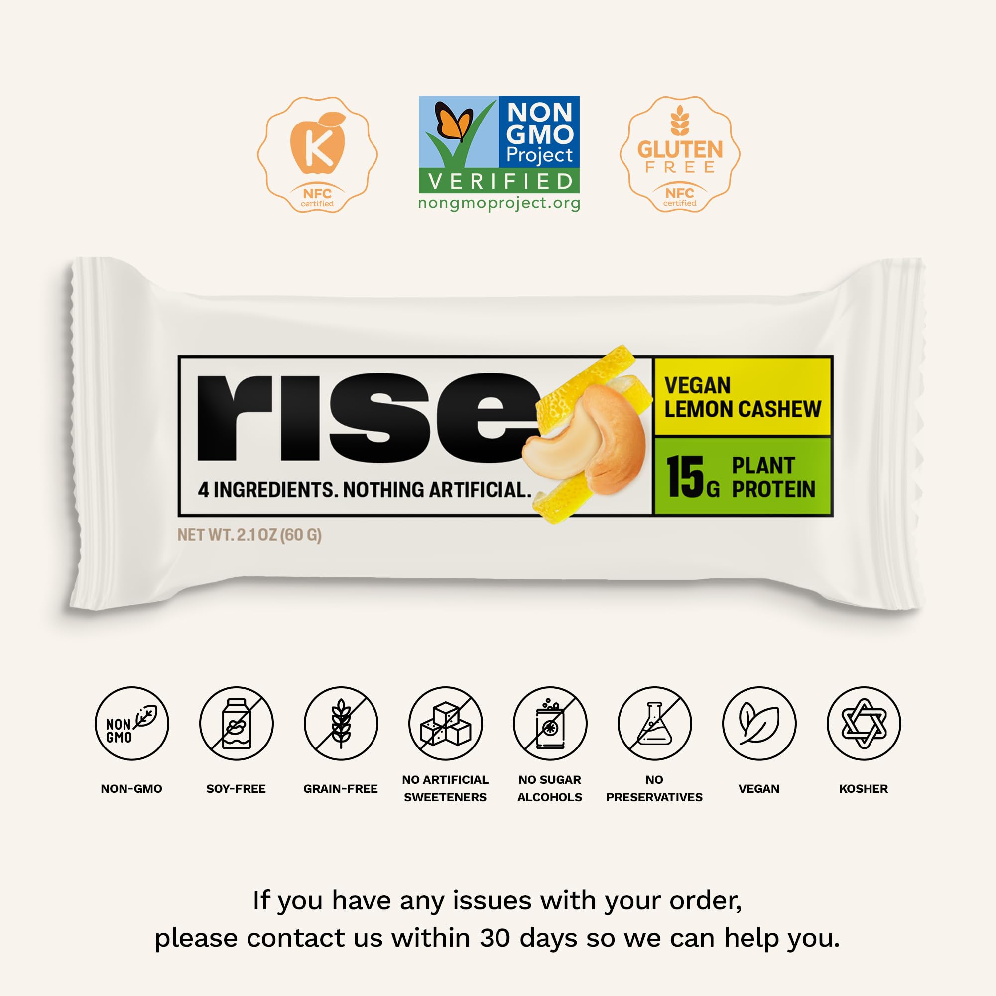 Rise Vegan Lemon Cashew Pea Protein Bar - 15g Plant-Based Protein, Non-GMO, Gluten & Soy Free, 3 Whole Food Ingredients | Healthy Breakfast Snack, Post-Workout Recovery, On-the-Go Nutrition